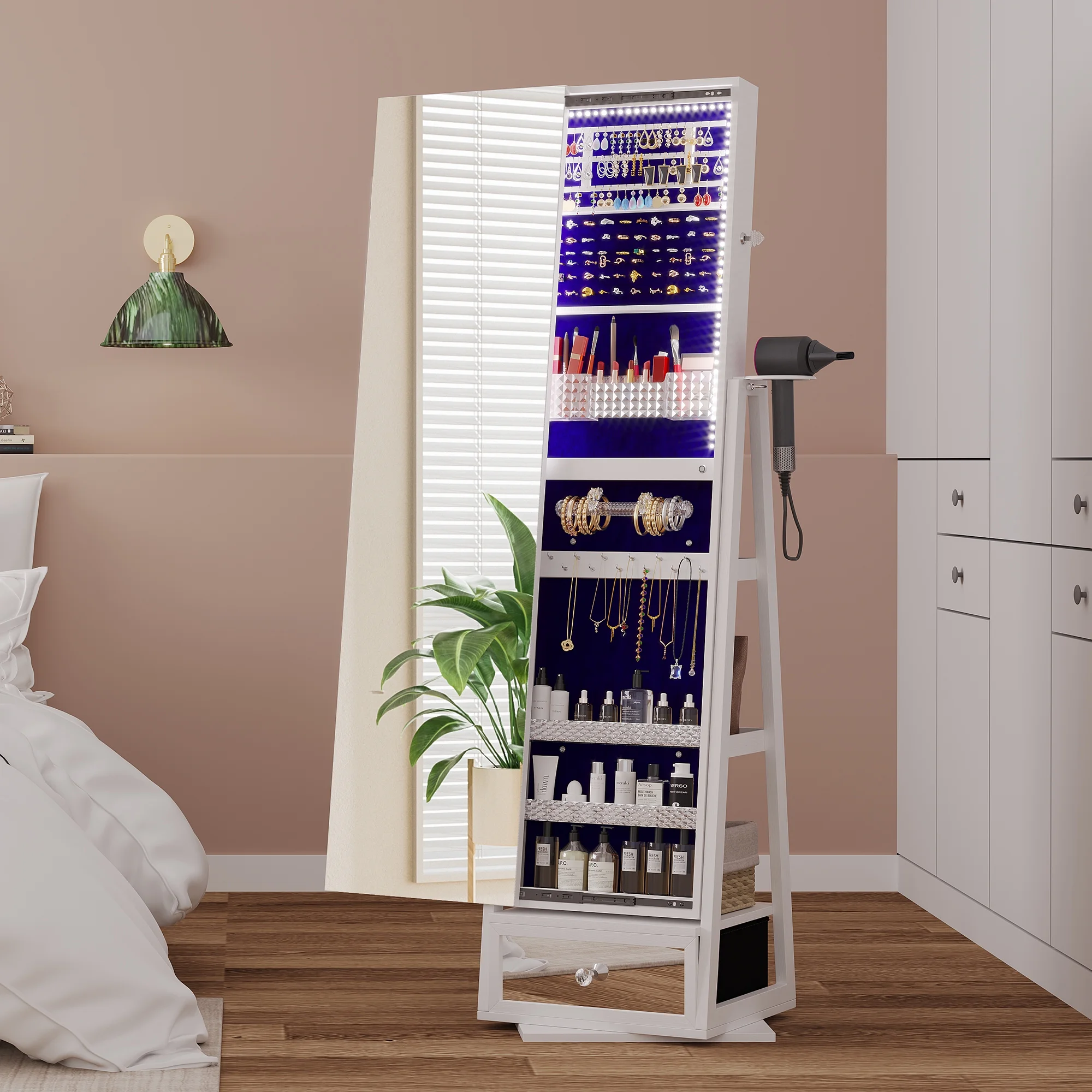 LVSOMT 360�� Draaibare Sieradendoos met Verlichting, Staande Sieradenorganizer met Slot, Spiegel over de Hele Lengte en Sieradenopbergkast, Wit