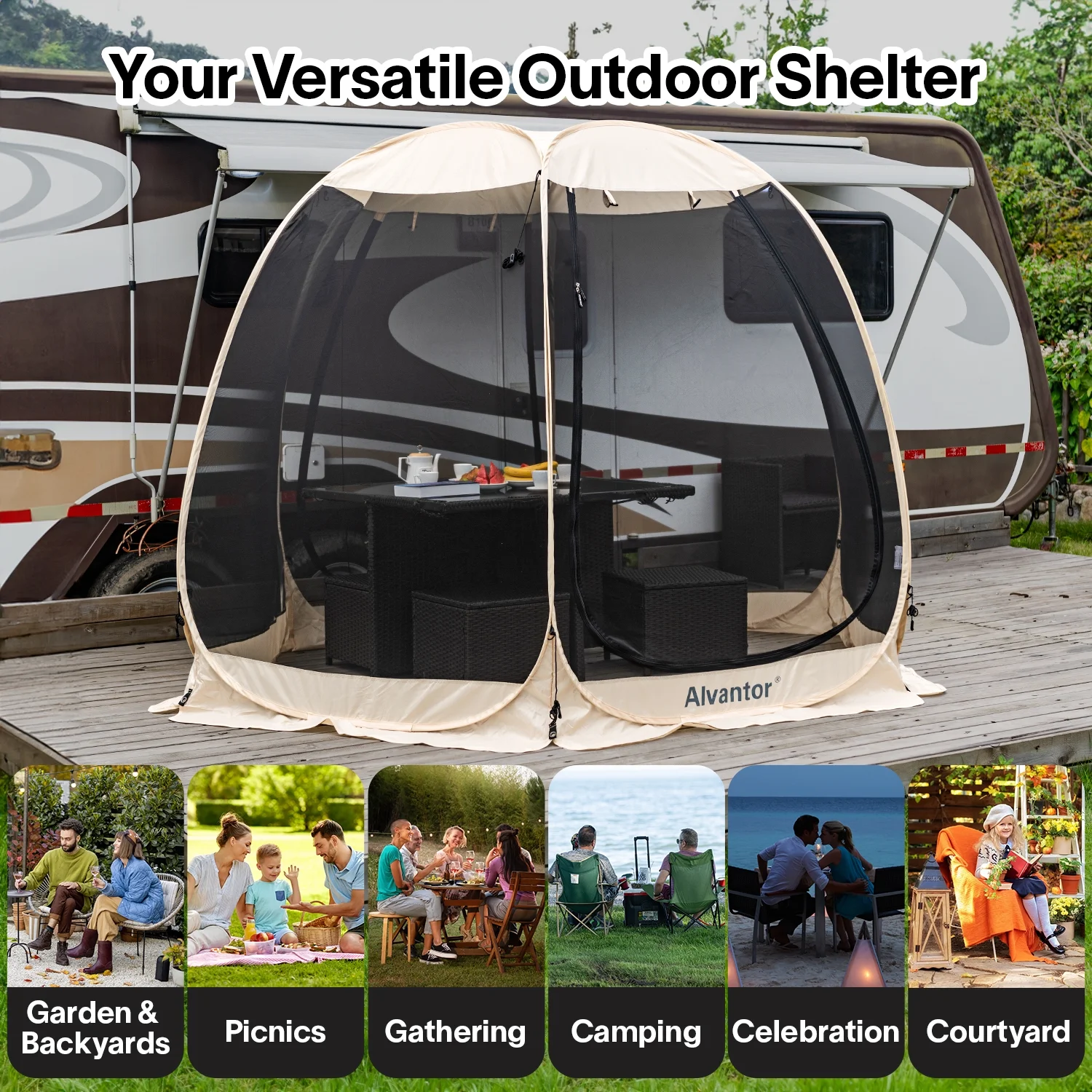 10x10 Muskietennet voor Familie Campingtent Buiten, Uitschuifbaar Voordak, Paviljoen voor Restaurants