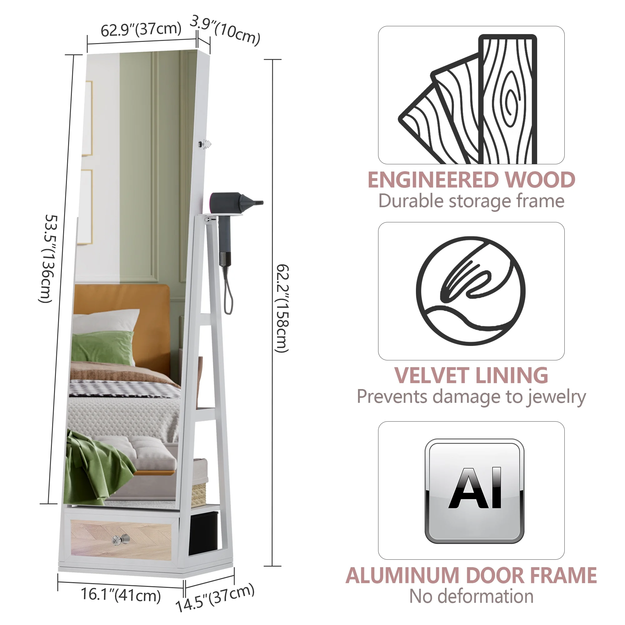LVSOMT 360�� Draaibare Sieradendoos met Verlichting, Staande Sieradenorganizer met Slot, Spiegel over de Hele Lengte en Sieradenopbergkast, Wit