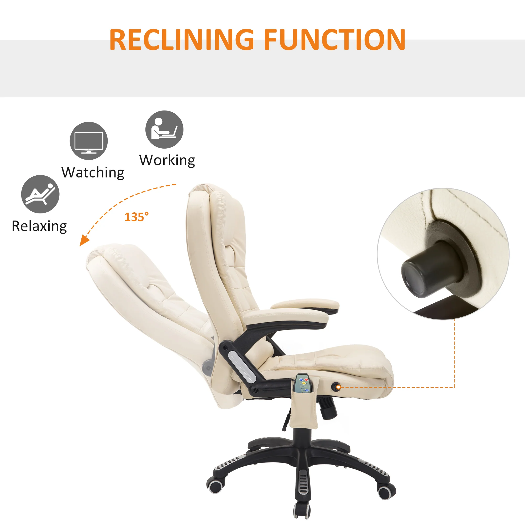 Executive bureaustoel met massage en verwarming, hoge rug PU-lederen bureaustoel, beige