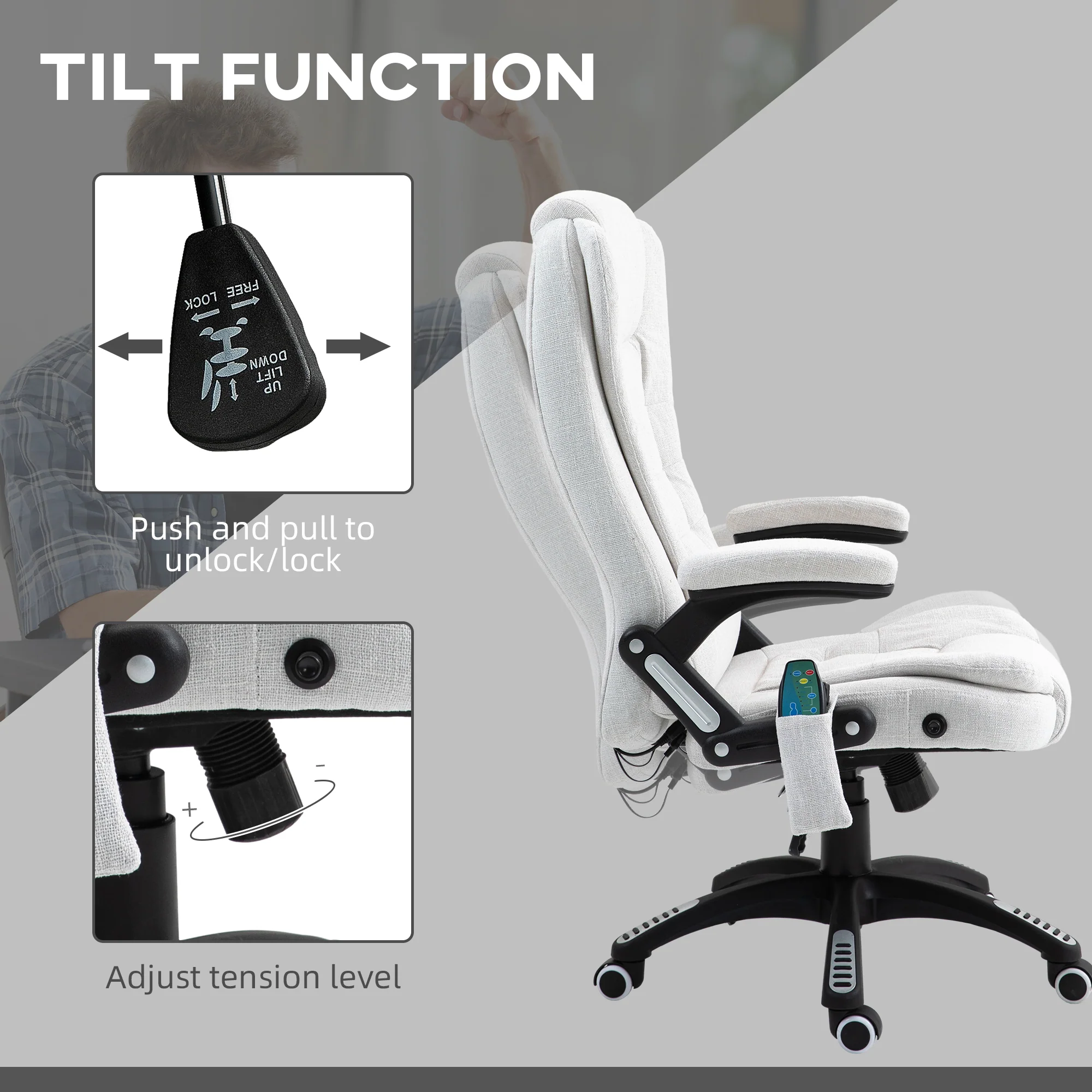 Ergonomische bureaustoel met 6-punts massage en rugverwarming, linnenlook stof, cr��me wit