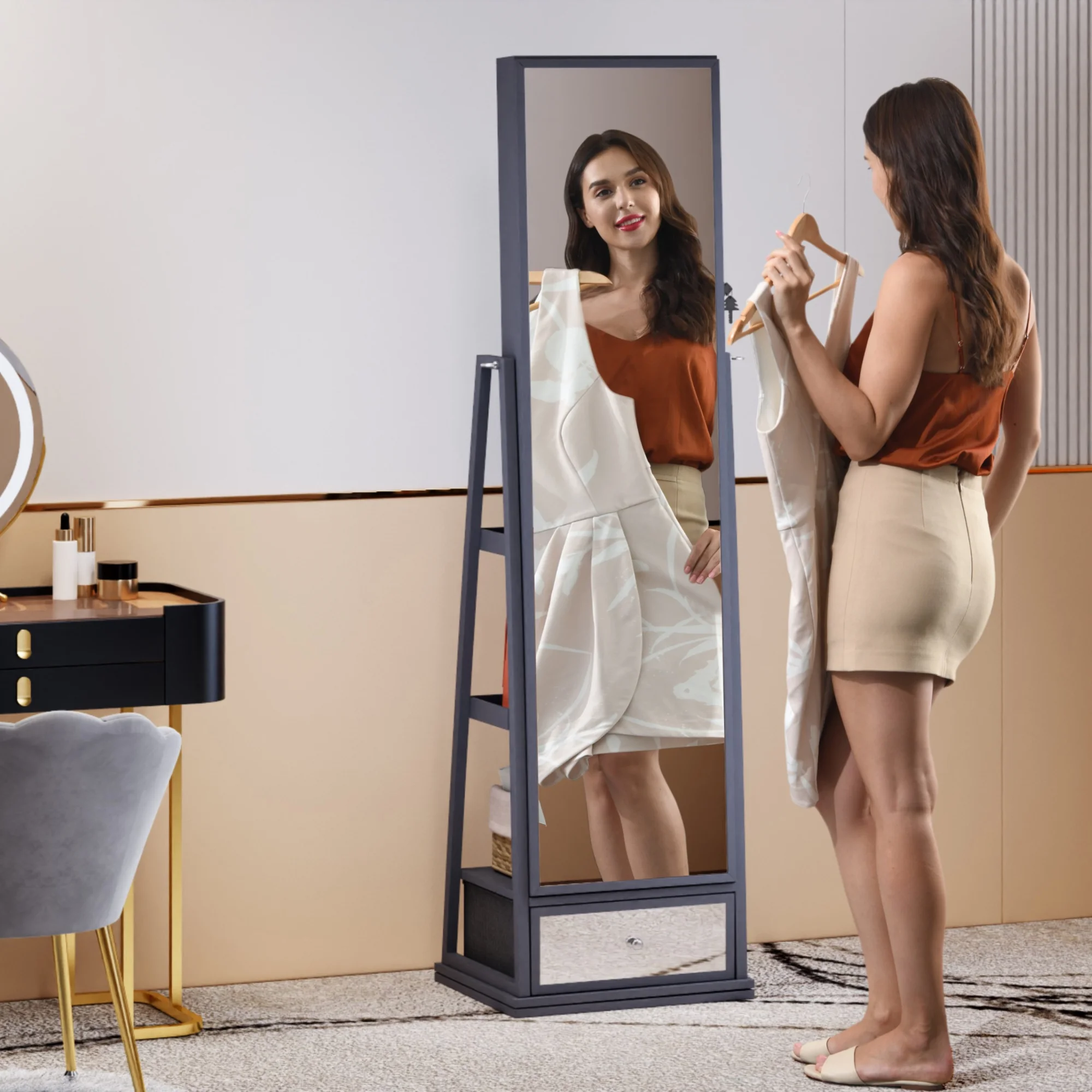 FREDEES Sieradendoos met Spiegel en Verlichting, Houten Organizer met Spiegel over de Hele Lengte voor Vrouwen, Grijs