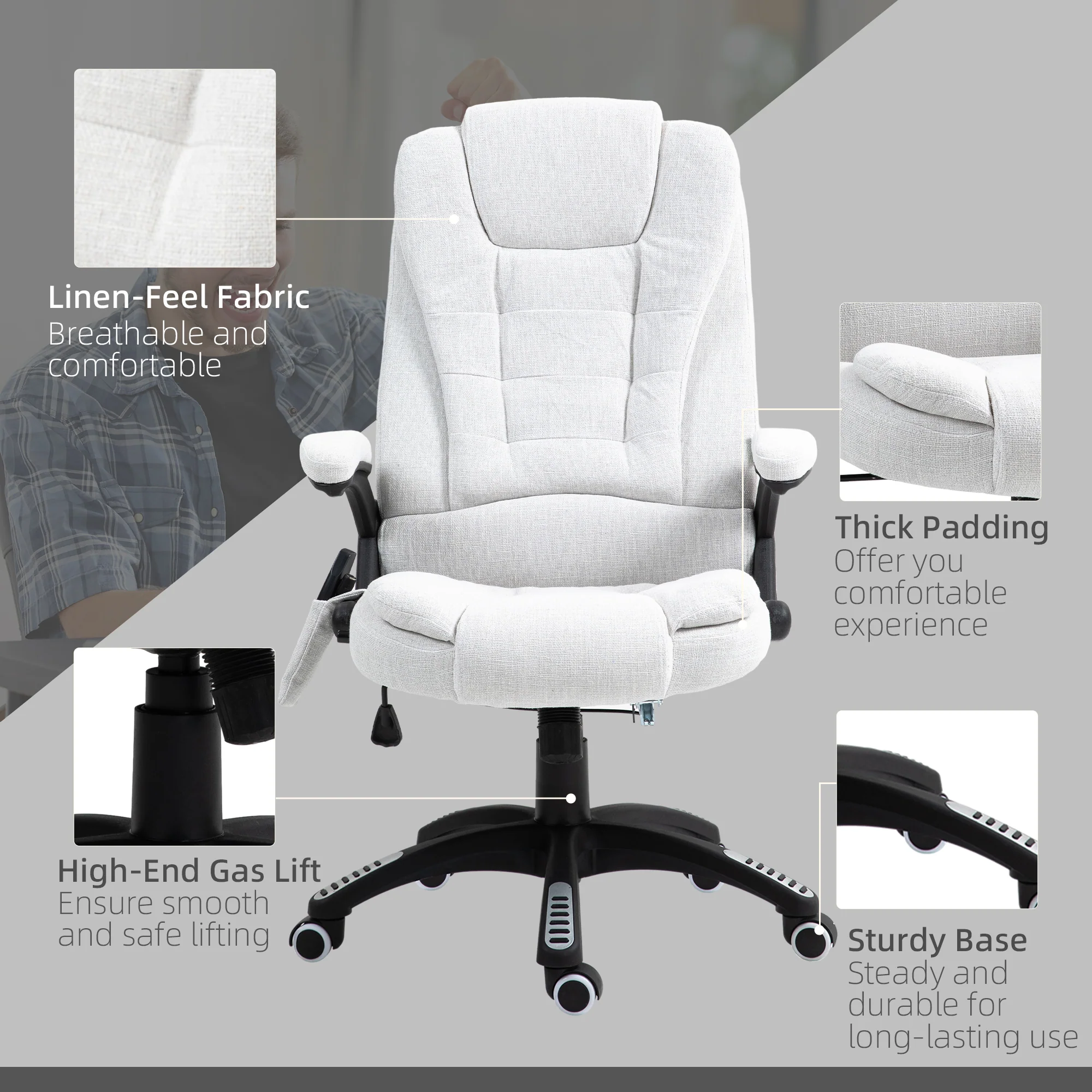 Ergonomische bureaustoel met 6-punts massage en rugverwarming, linnenlook stof, cr��me wit