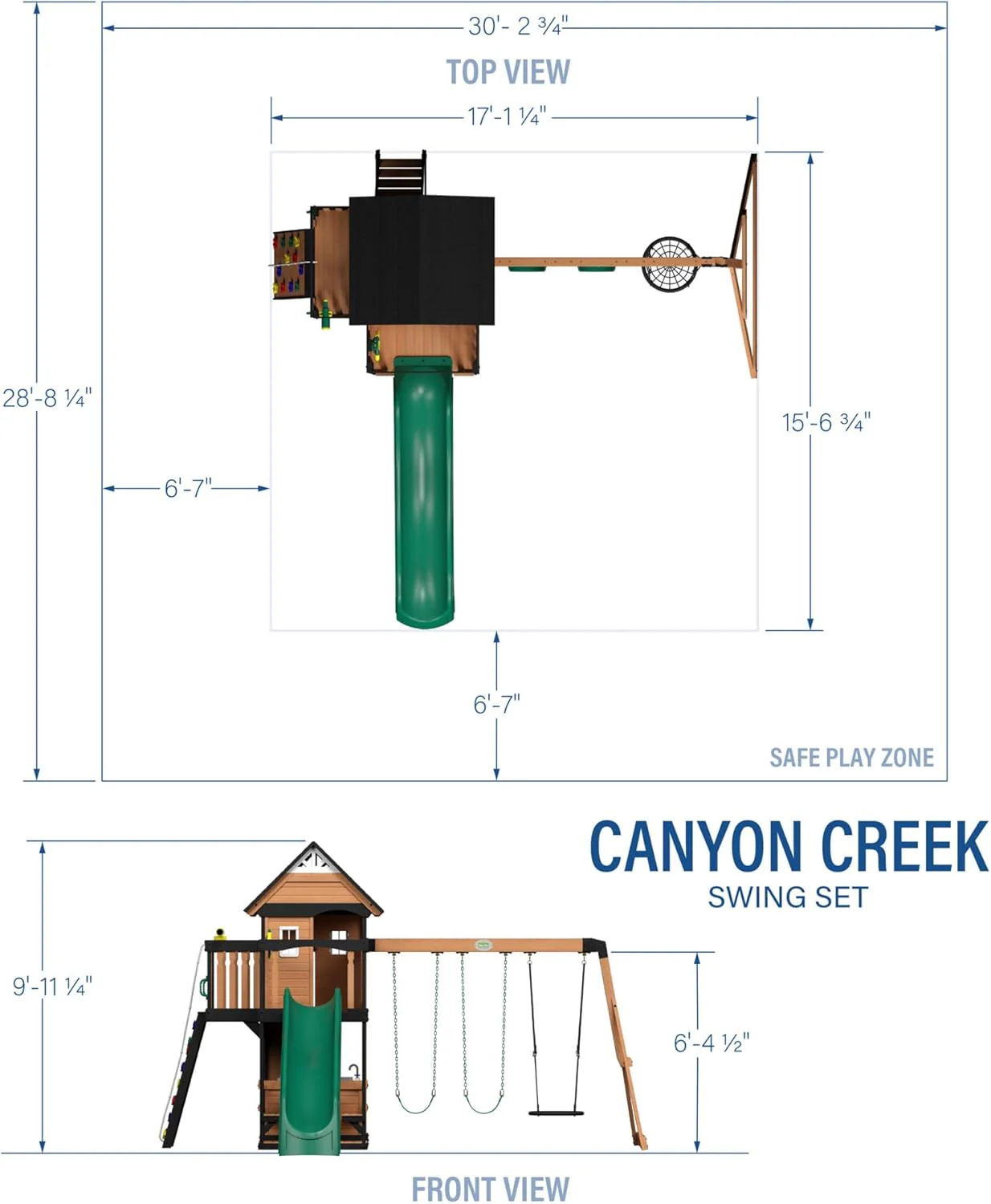 Backyard Discovery Canyon Creek cederhouten schommelset met golvende glijbaan, clubhuis, speelkeuken, picknickplaats, schommels met gordel, webschommel, klimwand, balkons, speelhuis, trapladder, buitenspeeltoestel
