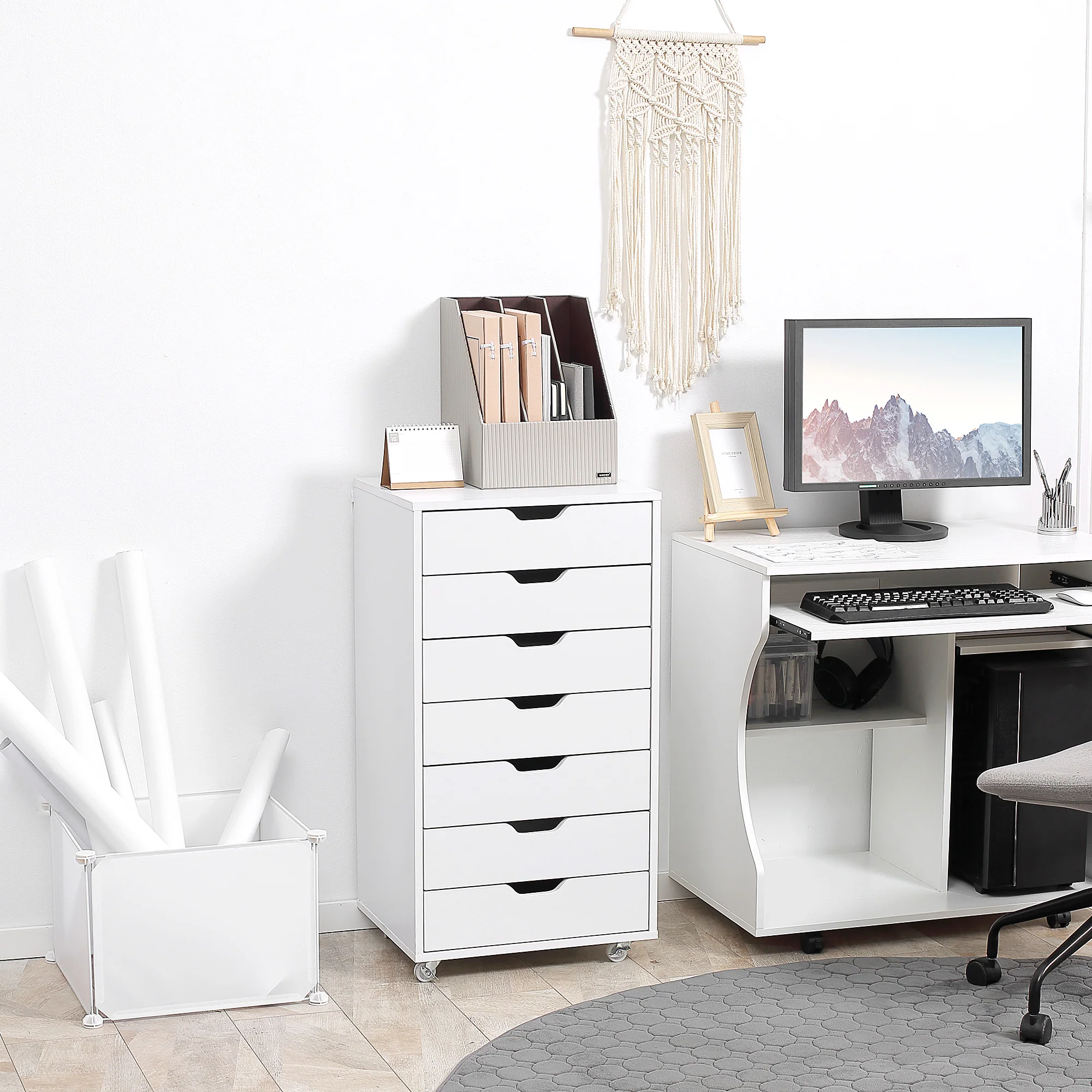 Verticale Archiefkast met 7 Lades, Mobiele Kantoorkast op Wieltjes voor Studie of Kantoor, Wit