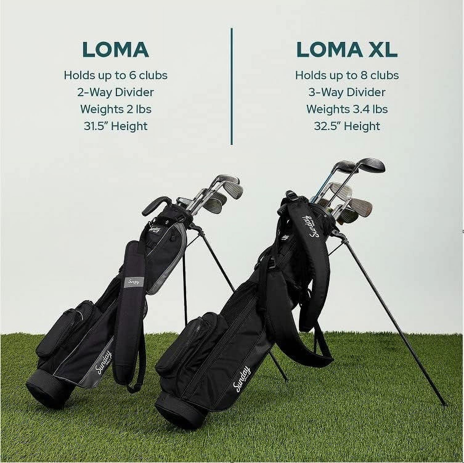 Sunday Golf Loma XL Golftas �C Lichtgewicht golftas met schouderriemen en standaardfunctie �C Gemakkelijk draagbare Pitch & Putt golftas �C Golftas met standaardvoet voor training, Par 3- en Executive-banen, 1,5 kg (mat zwart)