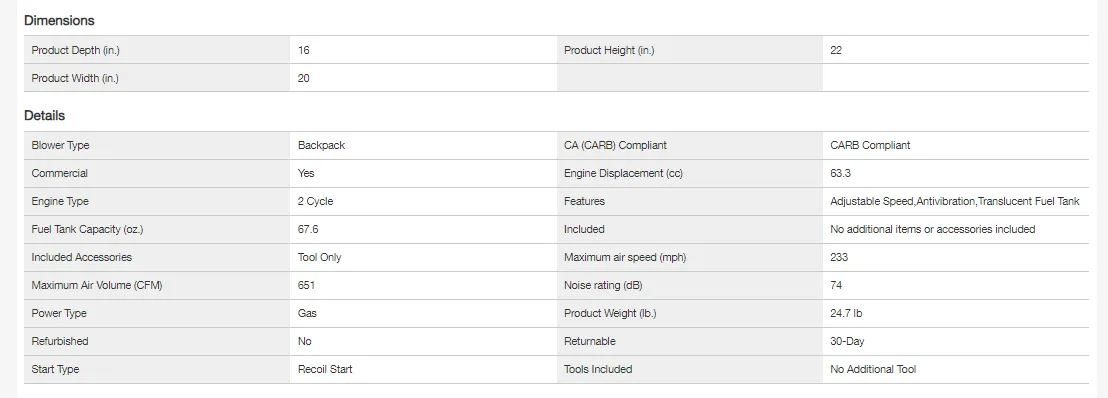 2-takt benzine rugblazer met 63,3 cm3, 233 MPH luchtsnelheid, 651 CFM luchtvolume, met gasklep aan de pijp