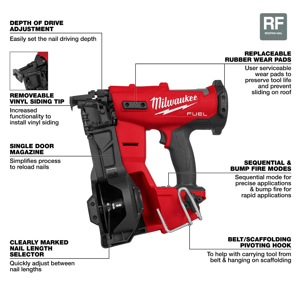 2025 Milwaukee 2909-20 M18 FUEL Draadloze Coil Roofing Nailer Li-Ion 18V - Alleen gereedschap