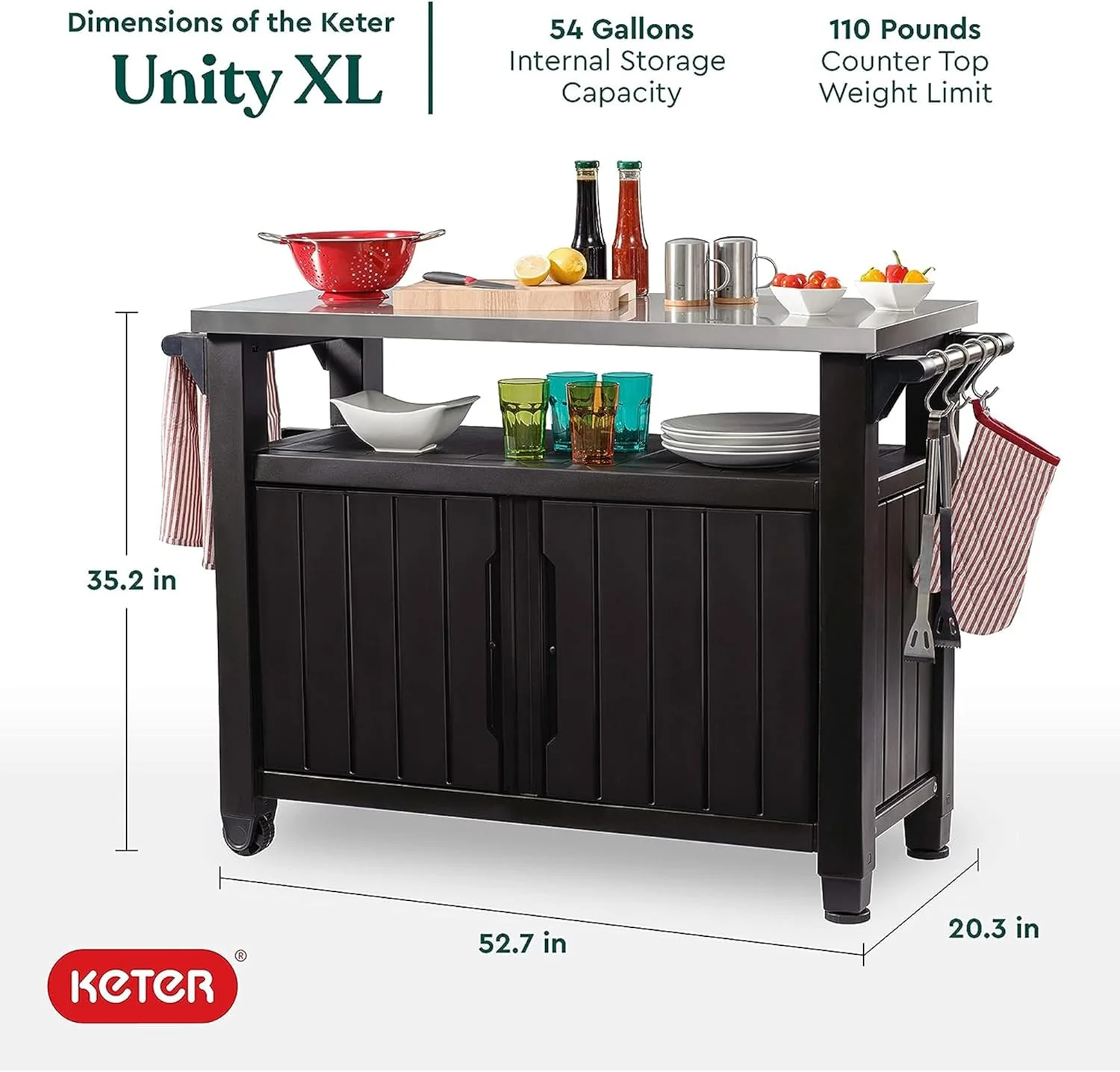 Keter Outdoor Rolling Table Cart voor voedselbereiding, opslag, bar en grill, donkerbruin