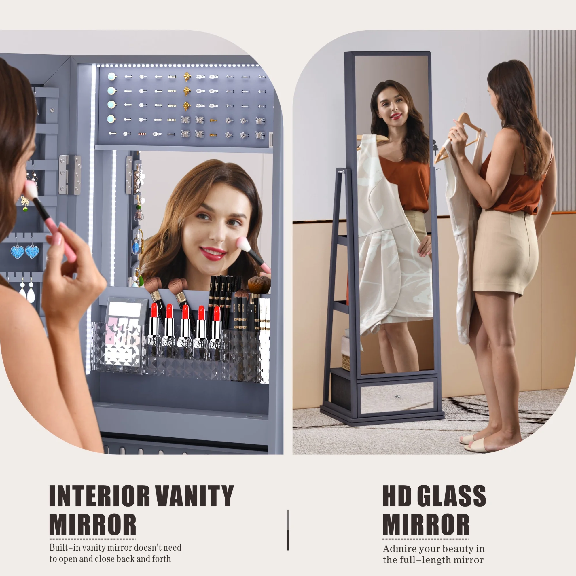 FREDEES Sieradendoos met Spiegel en Verlichting, Houten Organizer met Spiegel over de Hele Lengte voor Vrouwen, Grijs