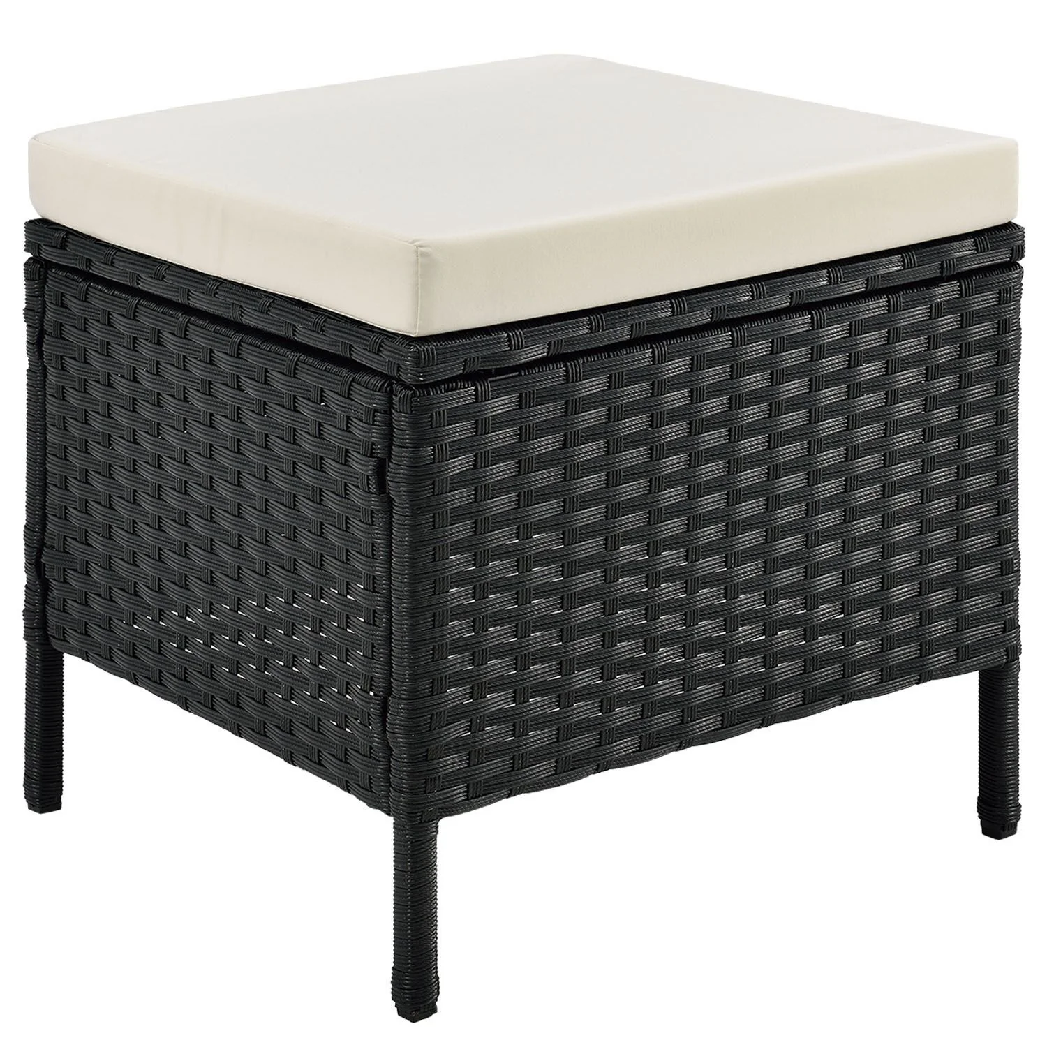 2025 Stijlvolle zwarte Polyrattan lounge Manacor met tafel, 2 krukken en donkergrijze hoezen