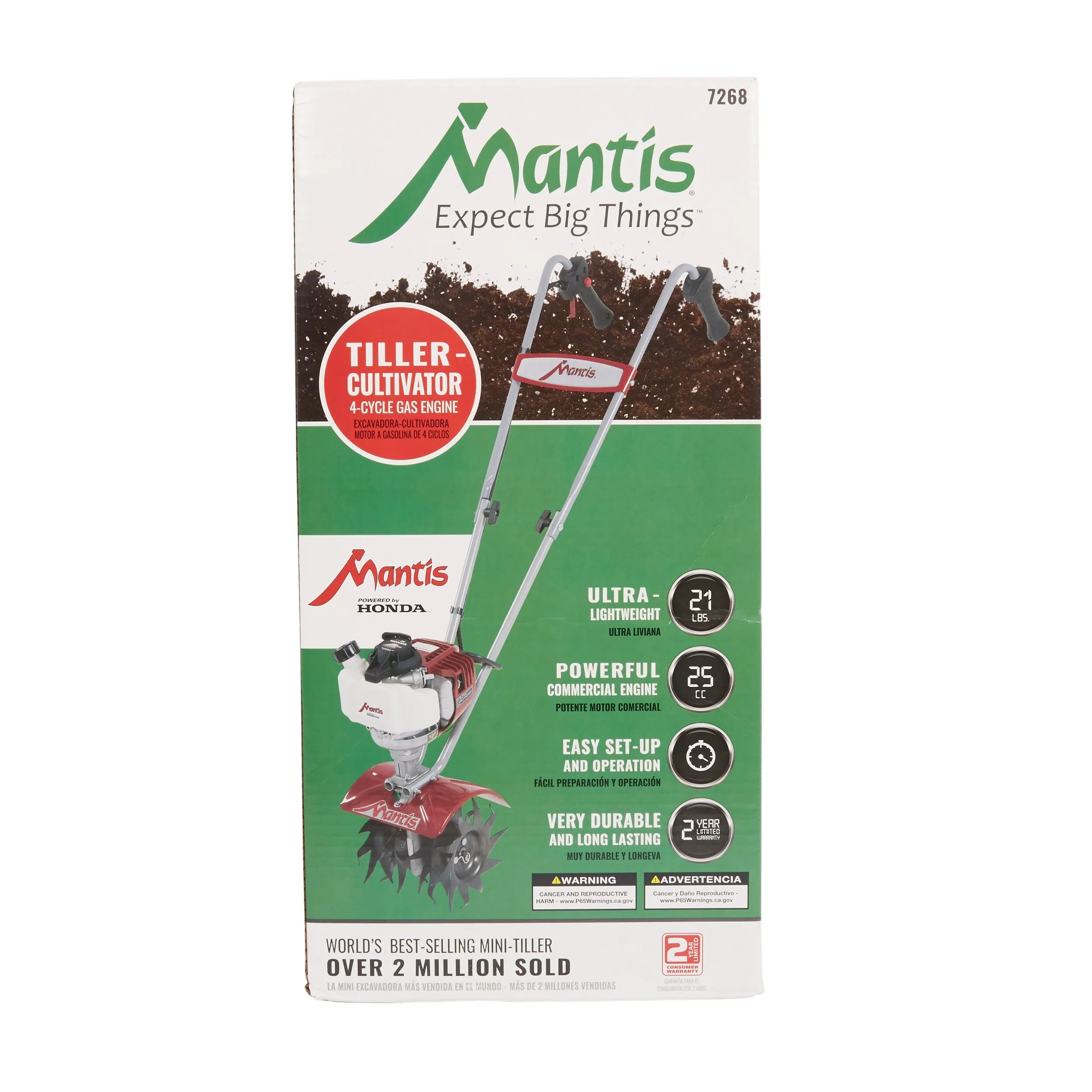 MANTIS 7268 Mini-Cultivator / Grondfrees �C 25 cc motor �C 9 inch voorste frezen �C Voorwaartse rotatie (CARB)
