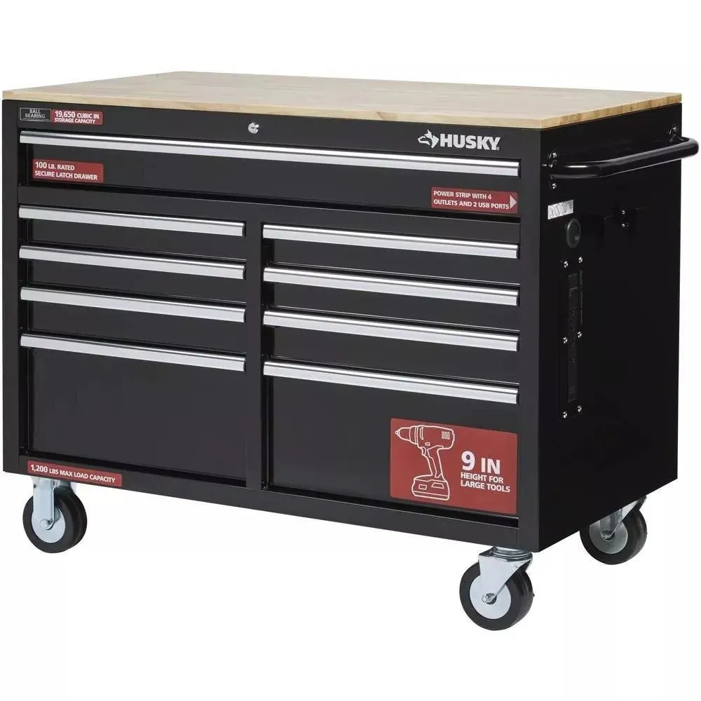 46 inch B x 24 inch D 9-laden hoogglans zwarte diepe gereedschapskist mobiele werkbank