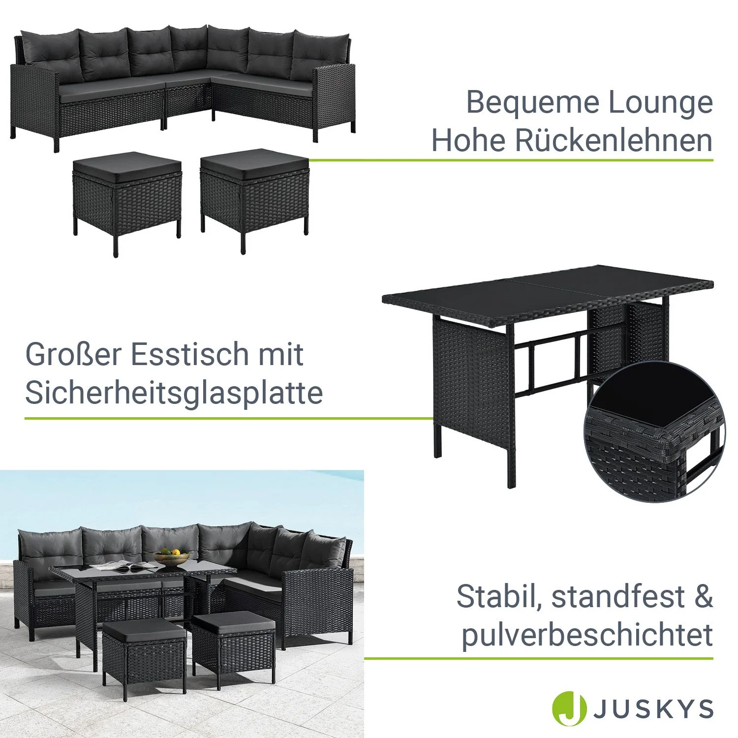 2025 Stijlvolle zwarte Polyrattan lounge Manacor met tafel, 2 krukken en donkergrijze hoezen