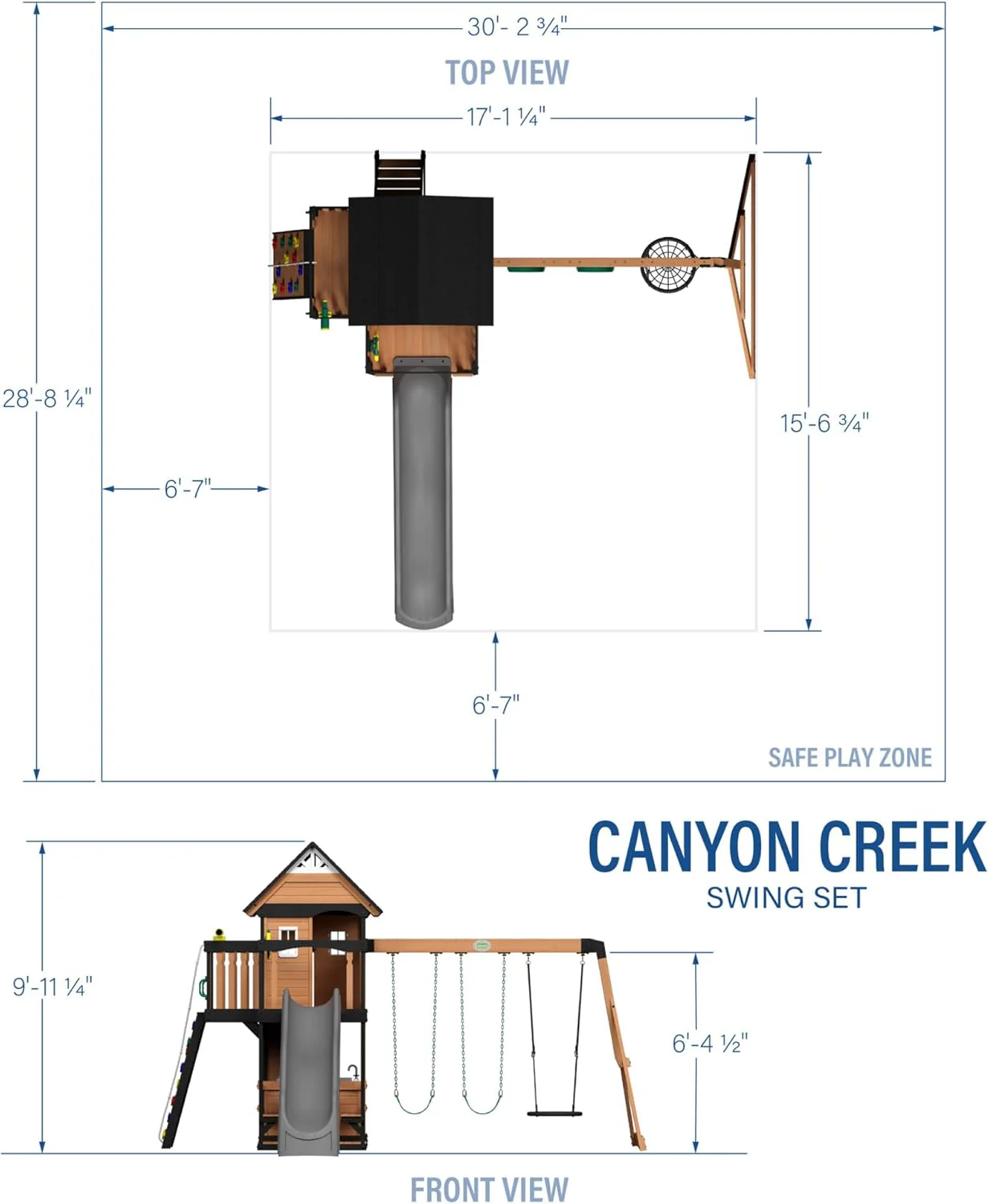 Backyard Discovery Canyon Creek cederhouten schommelset met golvende glijbaan, clubhuis, speelkeuken, picknickplaats, schommels met gordel, webschommel, klimwand, balkons, speelhuis, trapladder, buitenspeeltoestel