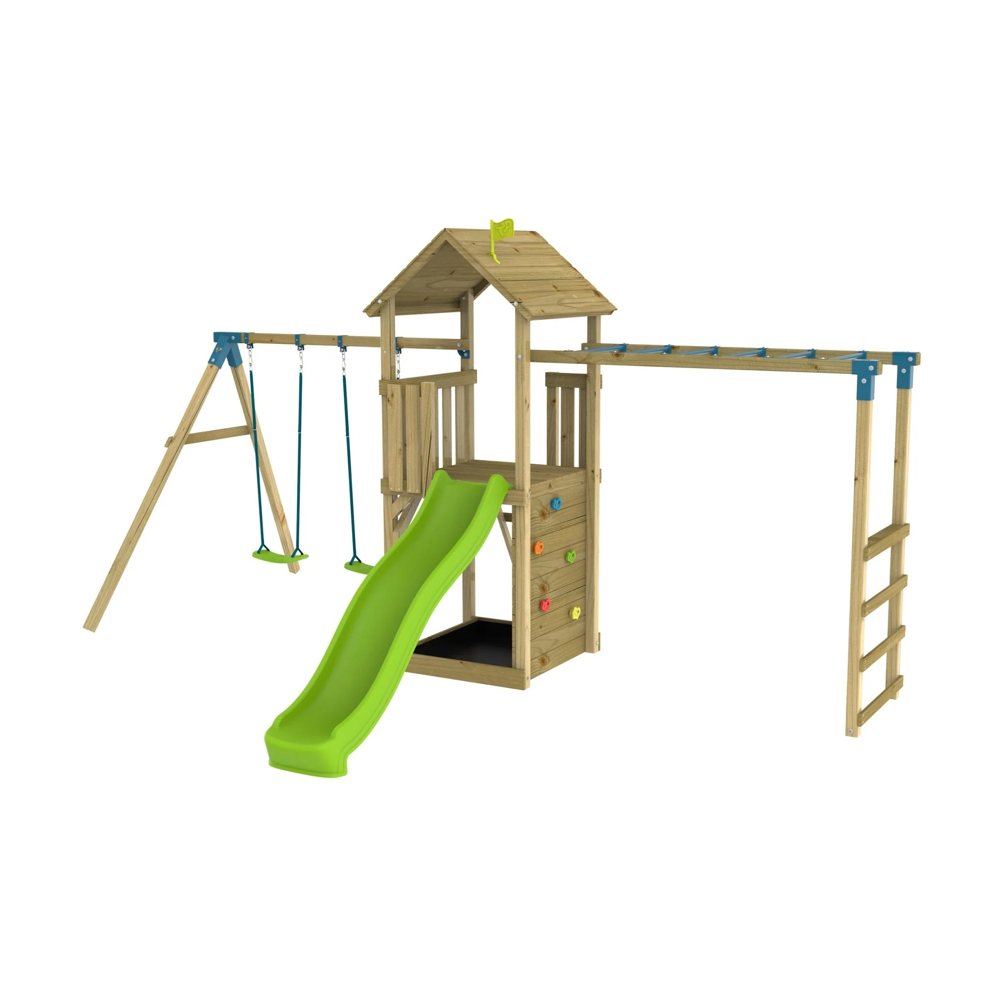 TP Skywood Klimstructuur van Hout met Ripple Glijbaan, Monkey Bars en Dubbele Schommelarm - FSC? Gecertificeerd