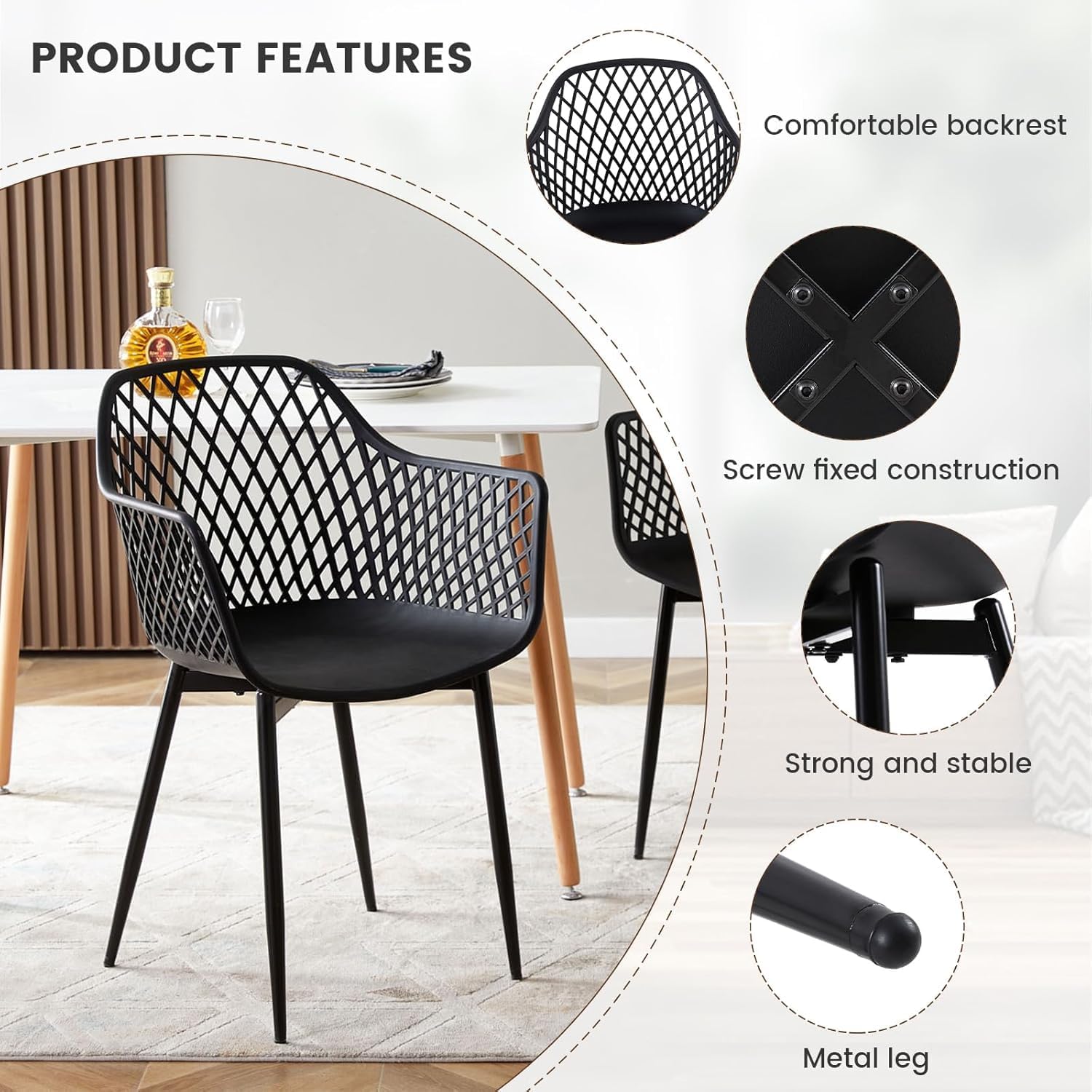 buybyroom Garden Chairs Set of 4 Outdoor Chair with Armrest Armrest Lounge Chair Armchairs Garden Chairs 120 kg Load Capacity Black