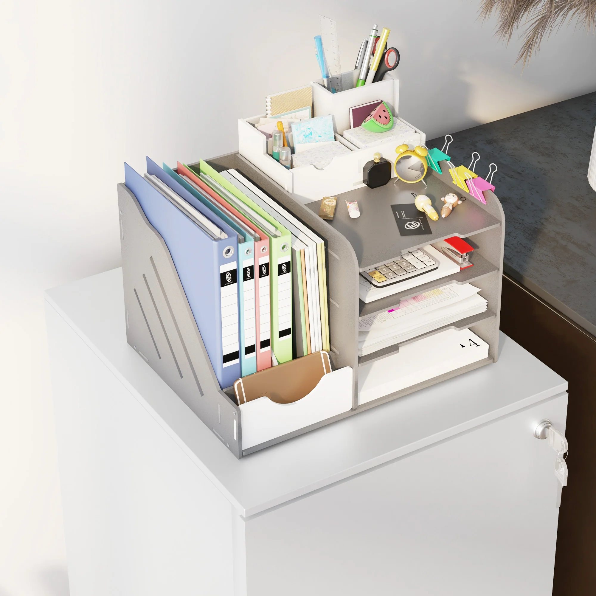 Mobiele stalen archiefkast met 2 laden en slot, lage bureaula, wit
