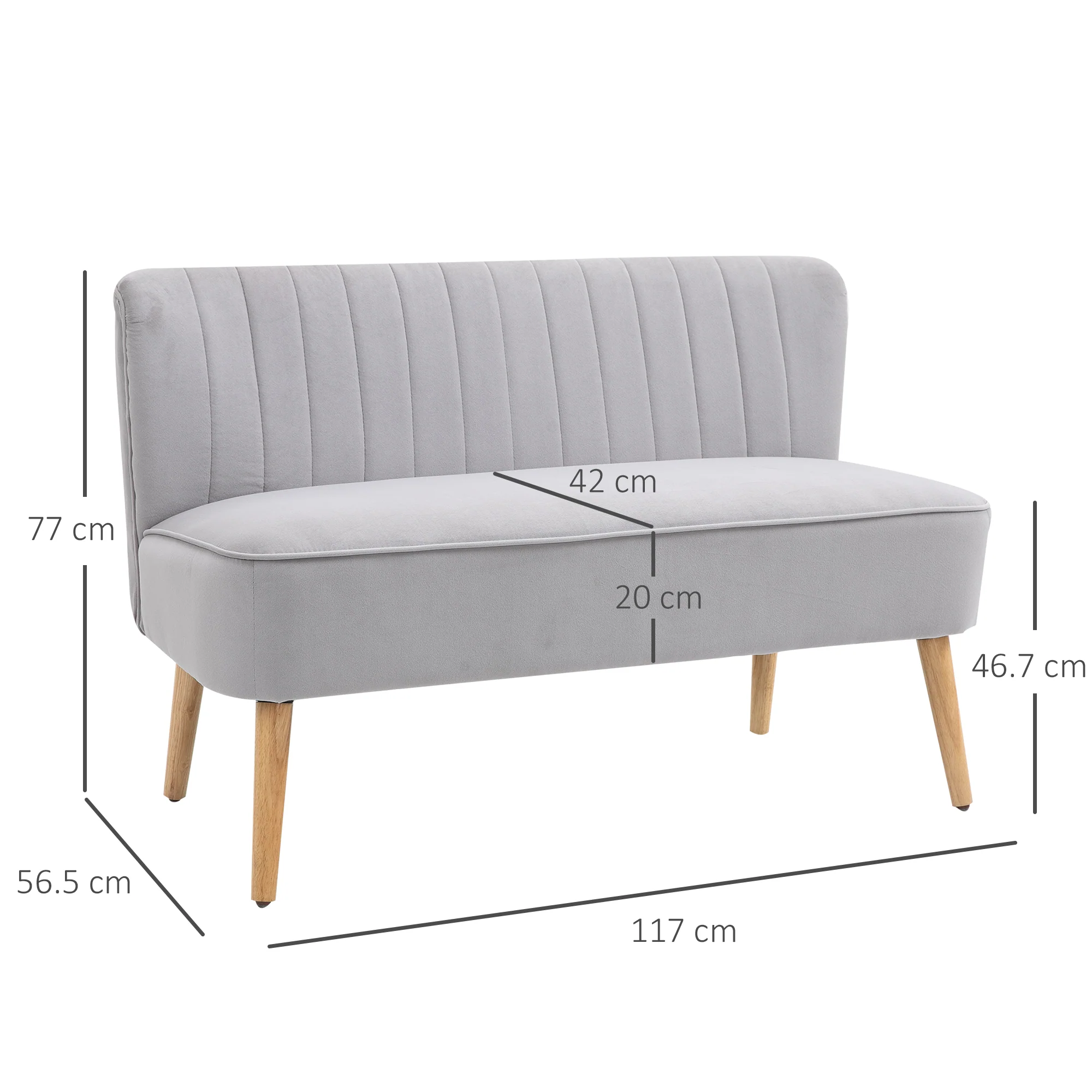 Modern linnen tweezitsbankje, compact bankje met vulling en houten poten, grijs