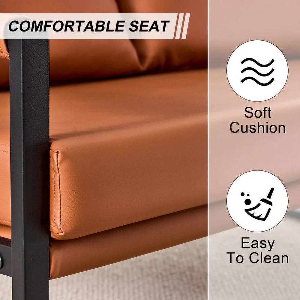 Moderne 2-zitsbank met 2 kussens �C PU-leer, Hoge Dichtheid Schuim, Zwarte Gecoate Metalen Frame, Bruin