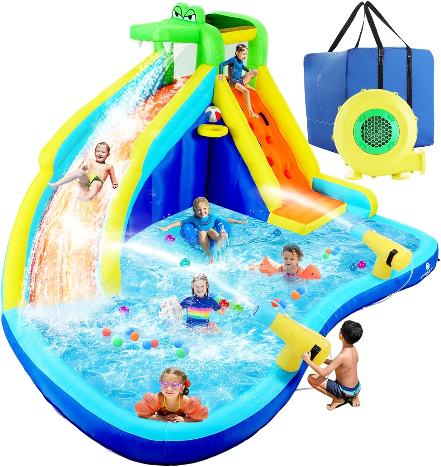 Opblaasbare waterspeeltoestellen voor kinderen 8-in-1: Springkasteel waterpark met 450W blower, klimwand, pierenbadje, 2 waterspuitpistolen, basketbalring, glijbaan, krokodillensproeier �C ideaal als cadeau en voor tuinfeestjes