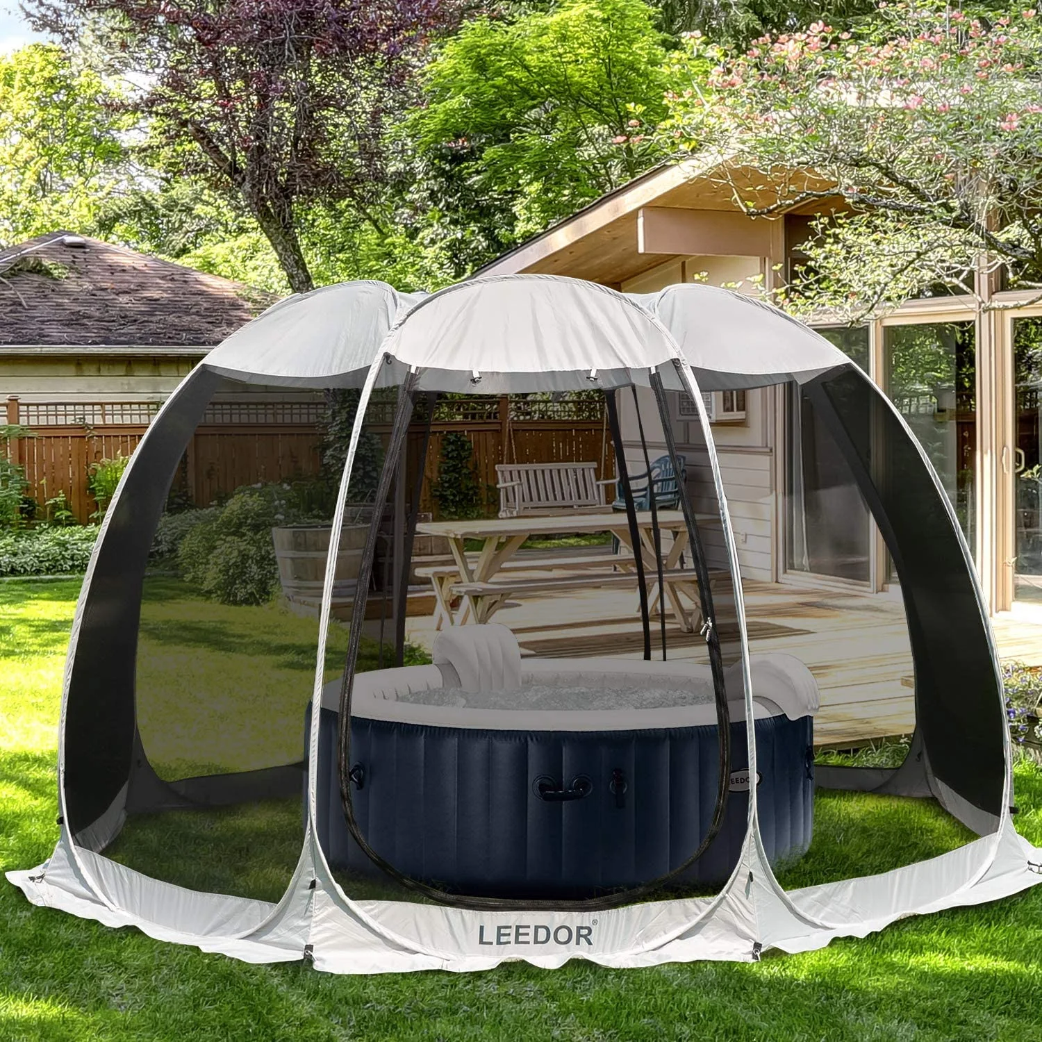 Leedor Instant Shelter met Muskietennet, Outdoor Paviljoen voor Terras, Zonnescherm 3m x 3m, Grijs