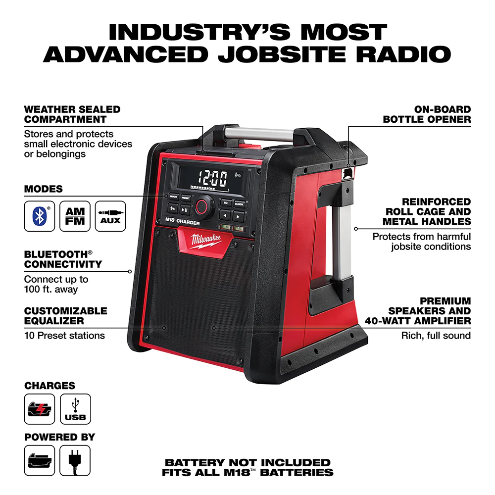 2025 Milwaukee 2792-20 Bluetooth Radio / Cargador M18 18V voor Werkplek - Los Gereedschap