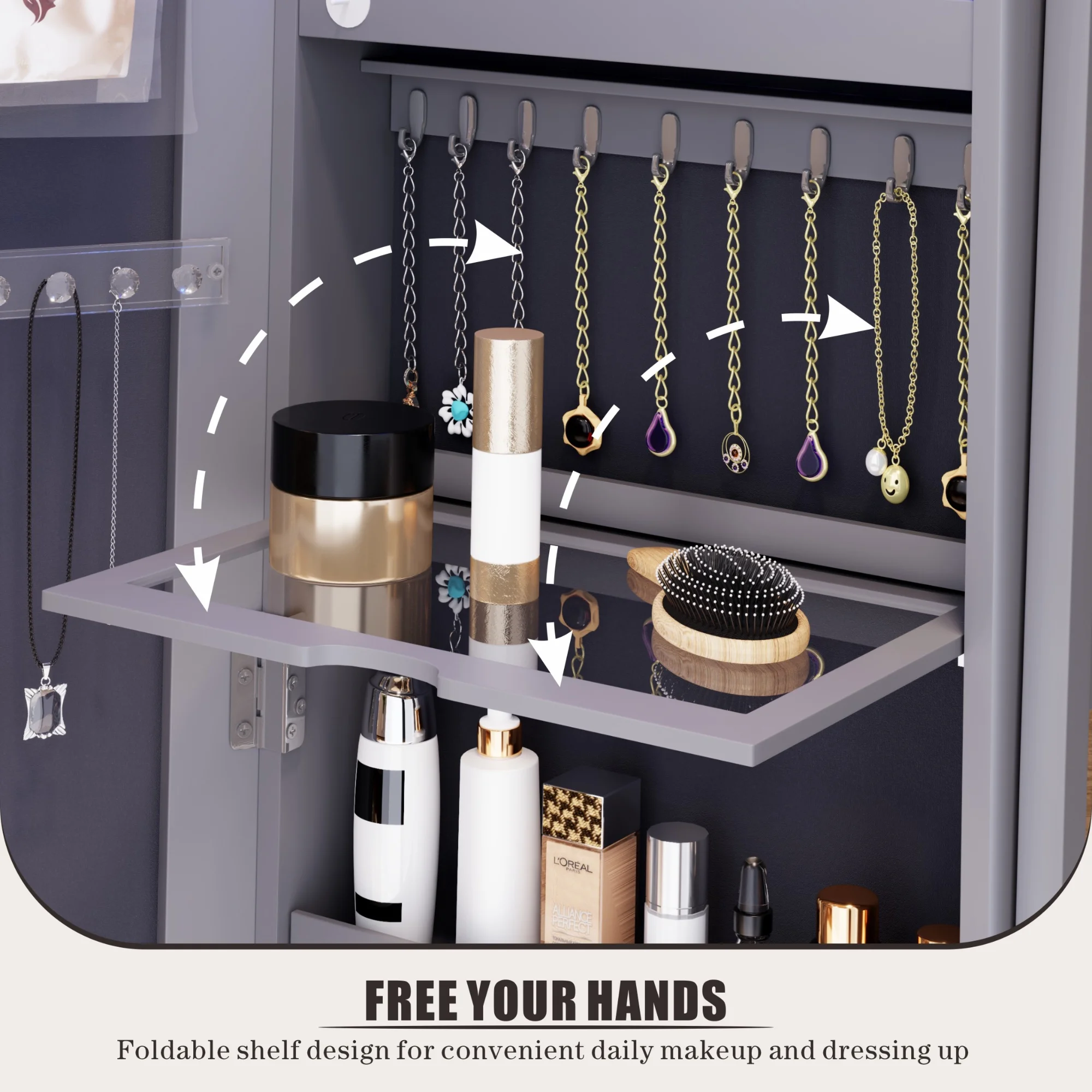 FREDEES Sieradendoos met Spiegel en Verlichting, Houten Organizer met Spiegel over de Hele Lengte voor Vrouwen, Grijs