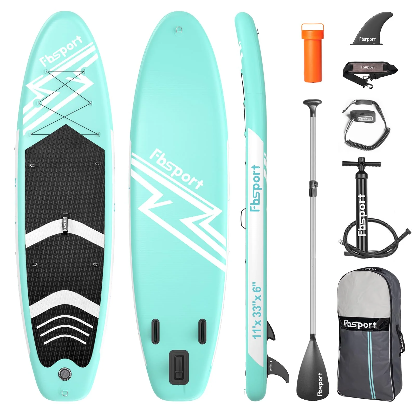 2025 FBSPORT Opblaasbare SUP Paddleboard, 15 cm Dikke Stand Up Paddleboard, Set met Verstelbare Aluminium Peddel en Pomp (Groen)