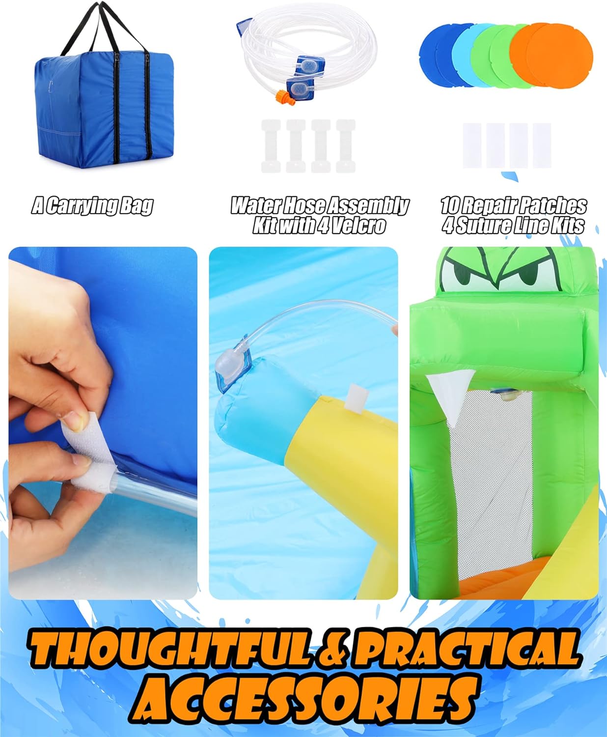 Opblaasbare waterspeeltoestellen voor kinderen 8-in-1: Springkasteel waterpark met 450W blower, klimwand, pierenbadje, 2 waterspuitpistolen, basketbalring, glijbaan, krokodillensproeier �C ideaal als cadeau en voor tuinfeestjes