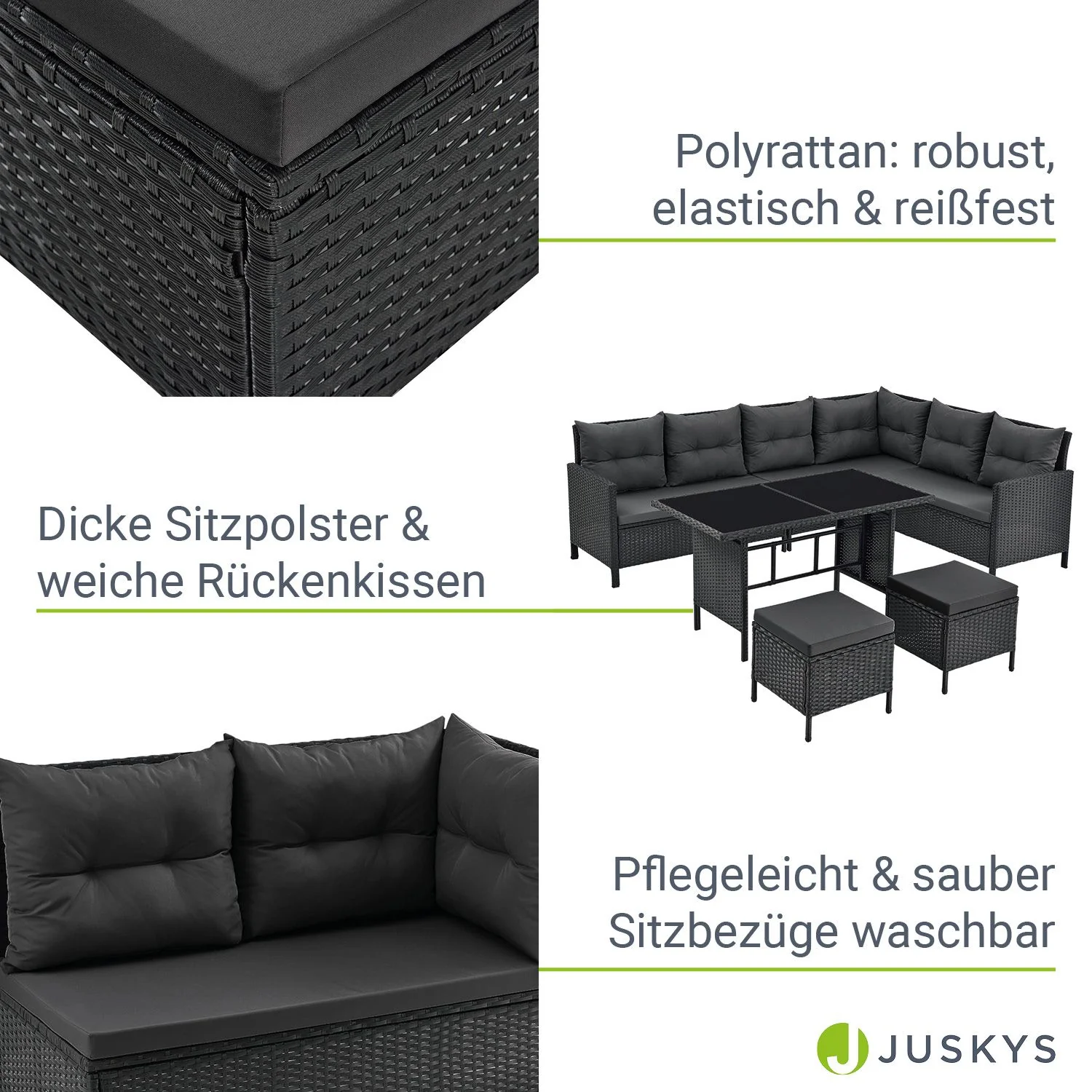 2025 Stijlvolle zwarte Polyrattan lounge Manacor met tafel, 2 krukken en donkergrijze hoezen