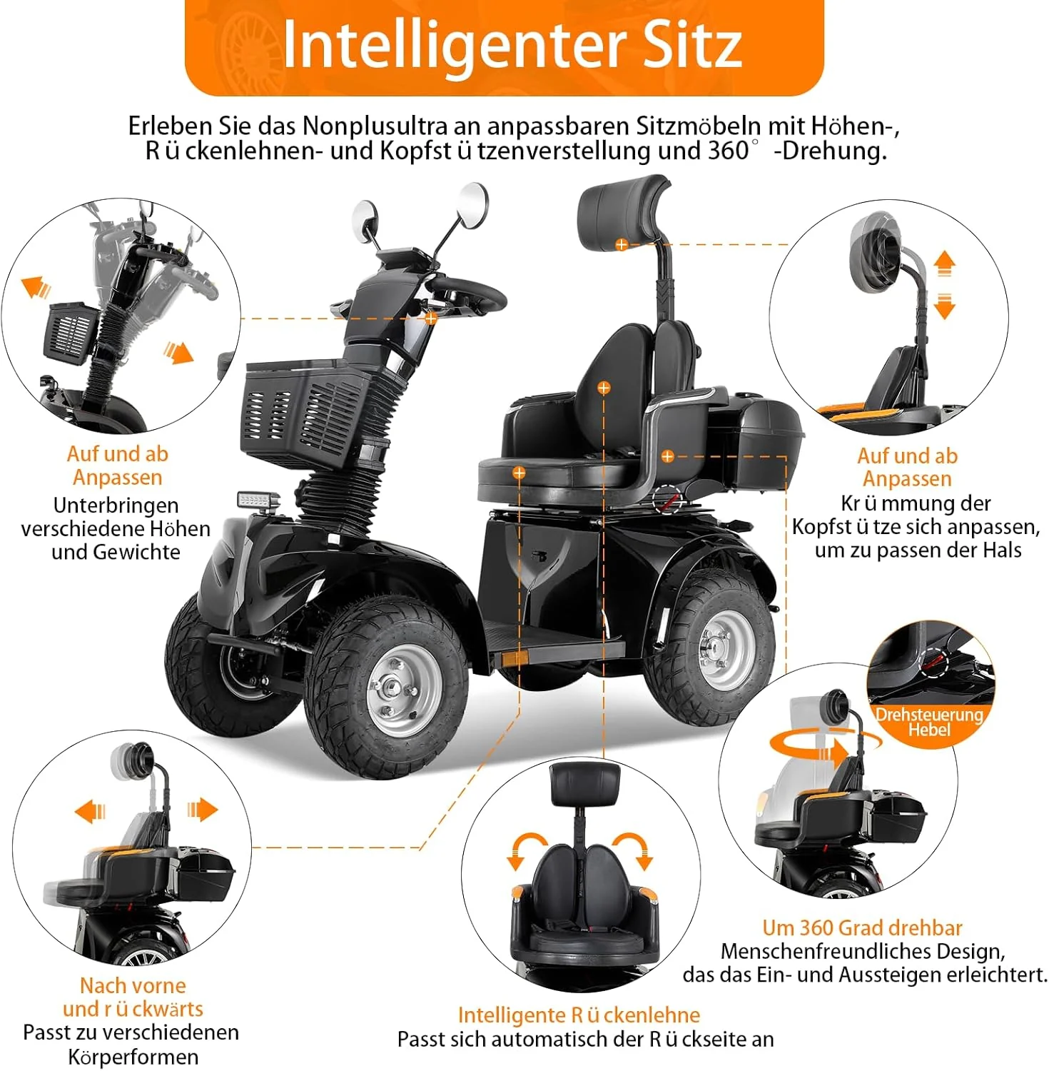 2025 ZVGREEN 4-wiel mobiliteitsscooter voor senioren �C Kapiteinsstoel, max. 15 km/u, ruime opbergruimte, draaibare stoel, elektromagnetische rem