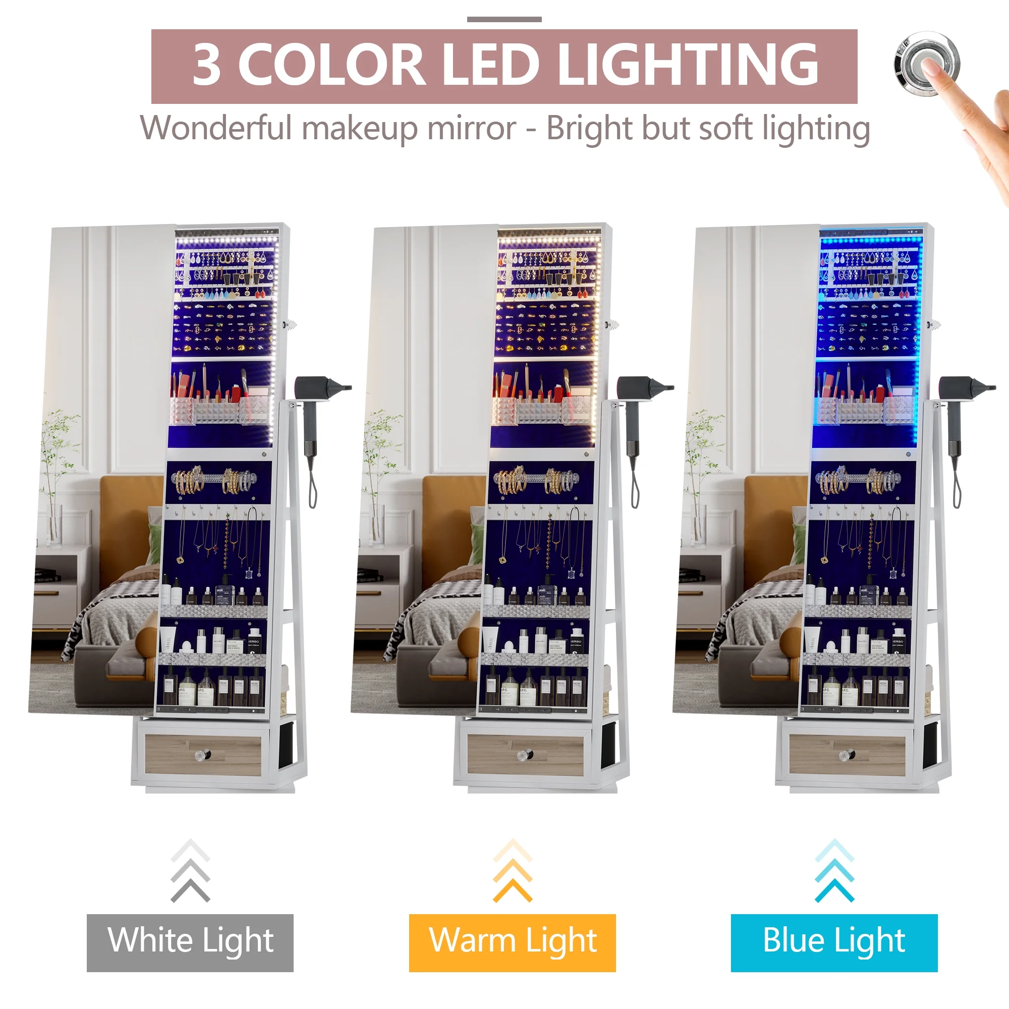 LVSOMT 360�� Draaibare Sieradendoos met Verlichting, Staande Sieradenorganizer met Slot, Spiegel over de Hele Lengte en Sieradenopbergkast, Wit