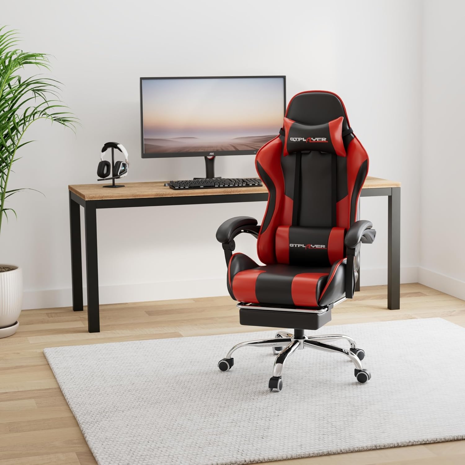 GTPLAYER Gaming Chair, Computer Chair with Footrest and Lumbar Support, Height Adjustable Game Chair with 360  -Swivel Seat and Headrest and for Office or Gaming (White)