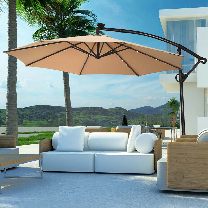 10 FT Patio Offset Umbrella with Solar Lights 360�� Rotation Outdoor Market Umbrella with Crank Handle & Cross Base