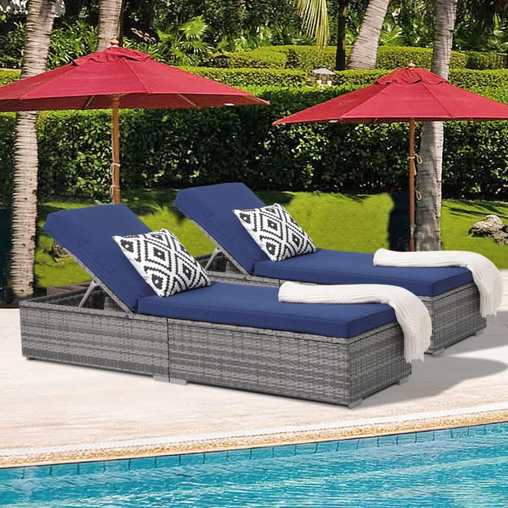 Patiorama Outdoor Patio Lounge Chair, Elegant Reclining Adjustable Pool Rattan Chaise Chair with Beige Cushion, Brown PE Wicker, Steel Frame, Set of 2