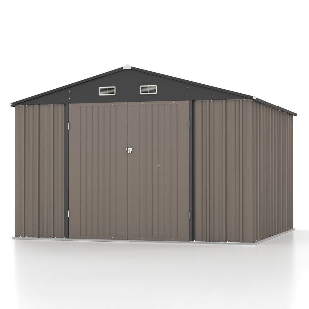 Patiowell 10��10 ft Metal Storage Shed, Sloping Roof, Double Lockable Doors, Galvanized Steel, Coffee Brown