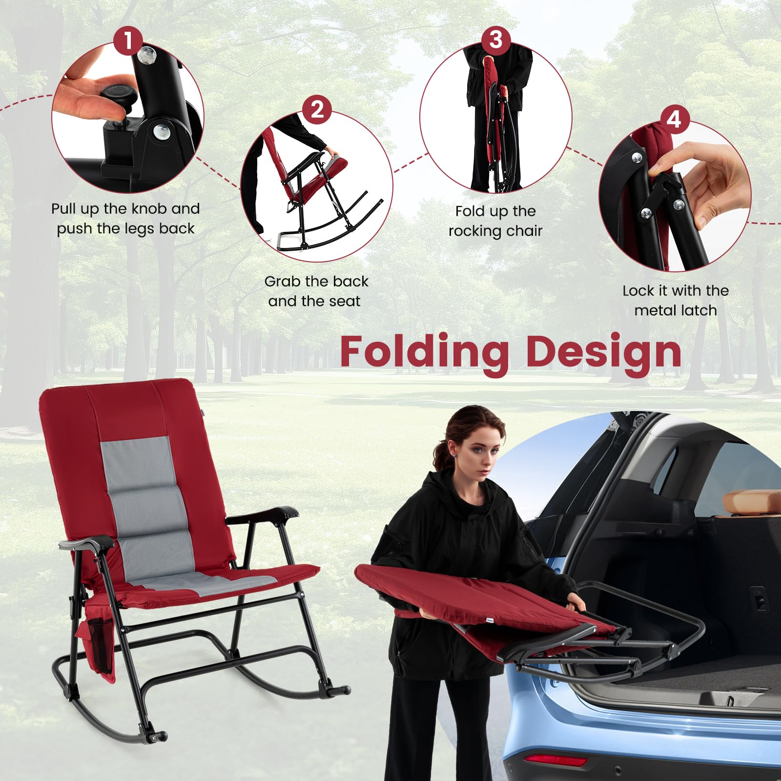 Oversized Folding Rocking Chair, Padded Patio Lounge Rocker w/Metal Frame, Armrests, Side Pocket