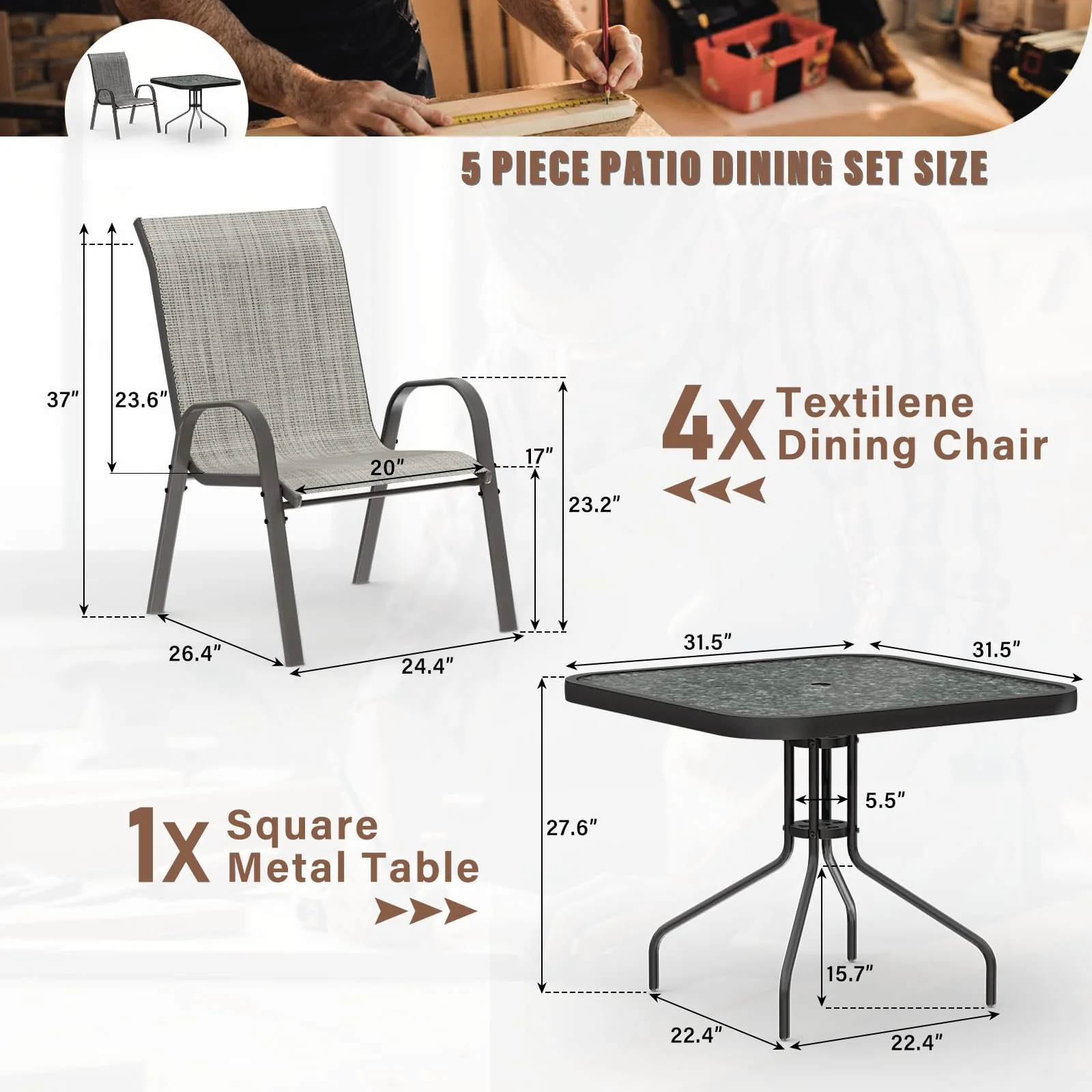 Amopatio Outdoor Dining Set of 5, Patio Table and Chairs Set