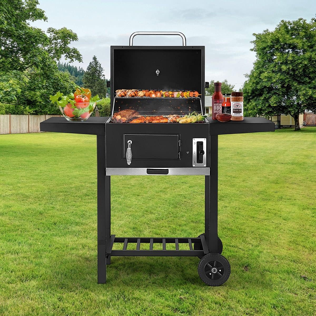BBQ Charcoal Grill Trolley with Side Table, Portable Aluminium Outdoor Barbecue Cooking Grill Barbecue Set for Picnic Patio Backyard Camping