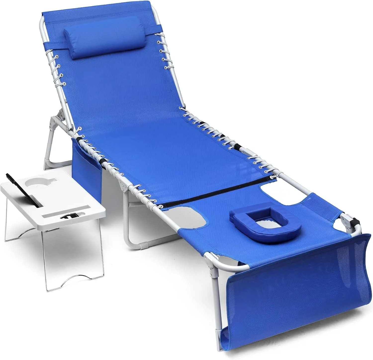3-in-1 Outdoor Sun Tanning Lounge Chair with Face Hole �C 5-Position Recliner, Folding Side Table & Removable Pillow, 330lbs Capacity, Blue