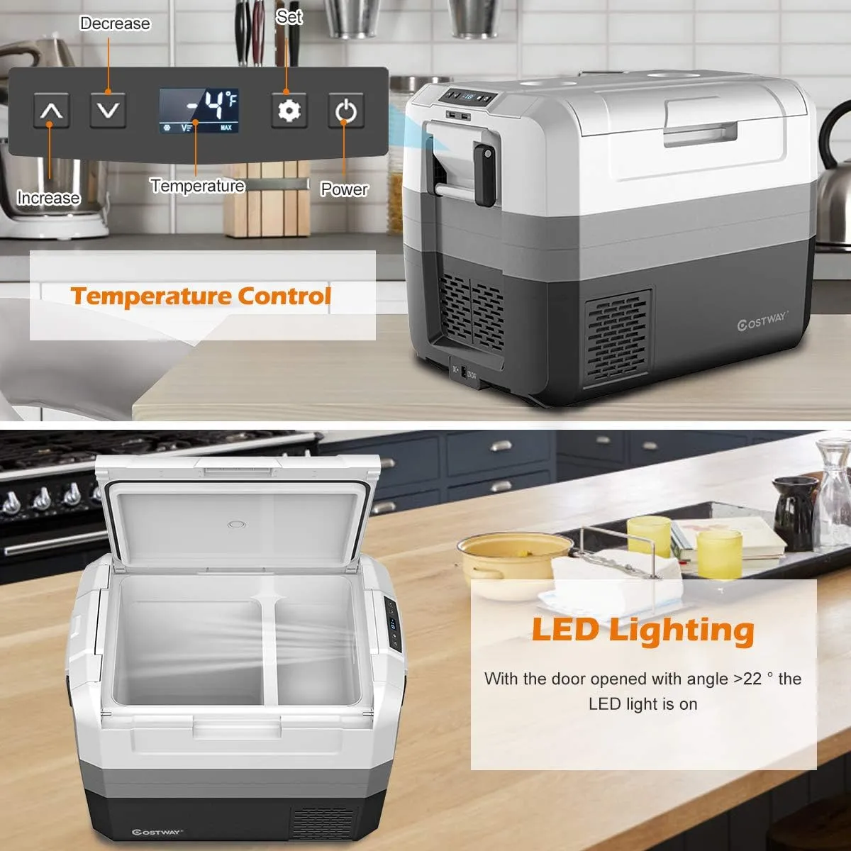 Portable Car Refrigerator, -14.8�� to 50��, 58-Quart Compressor Travel Fridge with Two-way Open Door, Operating Panel, Groove Design, Compact RV Freezer and Cooler for Outdoor and Home Use