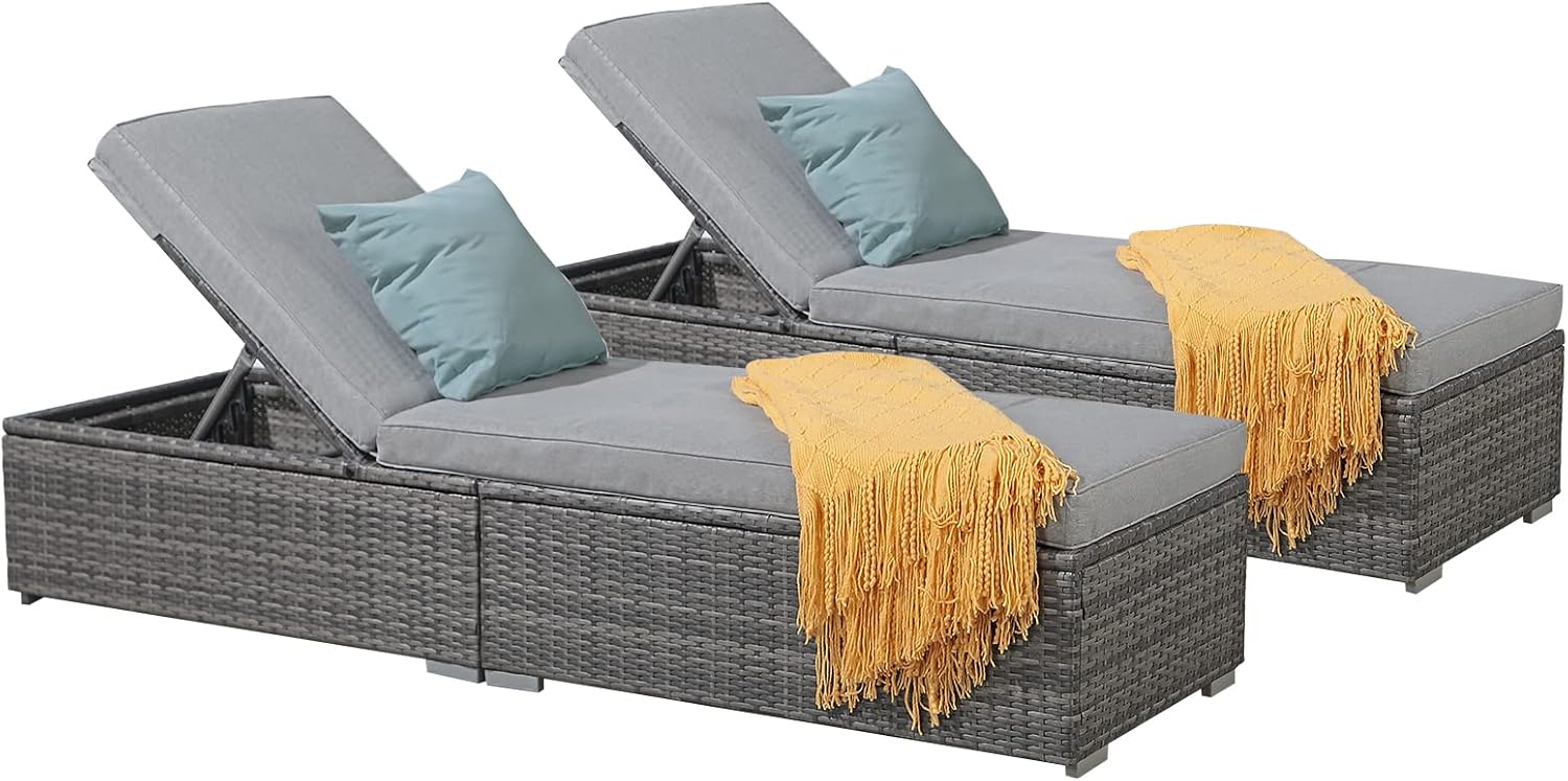 Patiorama Outdoor Patio Lounge Chair, Elegant Reclining Adjustable Pool Rattan Chaise Chair with Beige Cushion, Brown PE Wicker, Steel Frame, Set of 2