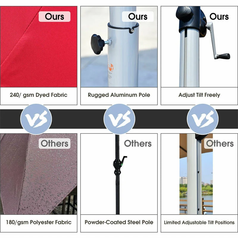 11 FT Patio Offset Cantilever Umbrella 360�� Rotation Tilt with Cross Base & Crank Handle