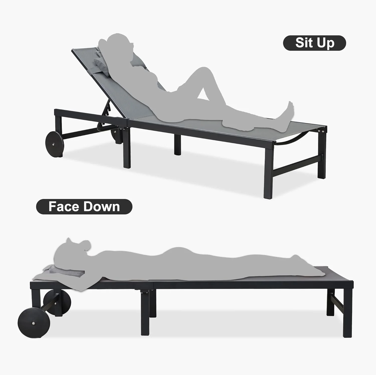 PURPLE LEAF Patio Tanning Lounge Chair Set with Face Down Hole Outdoor Aluminum Adjustable Reclining Chairs Wheels Pillows and Table for Poolside Beach Sunbathing Lounger, Beige