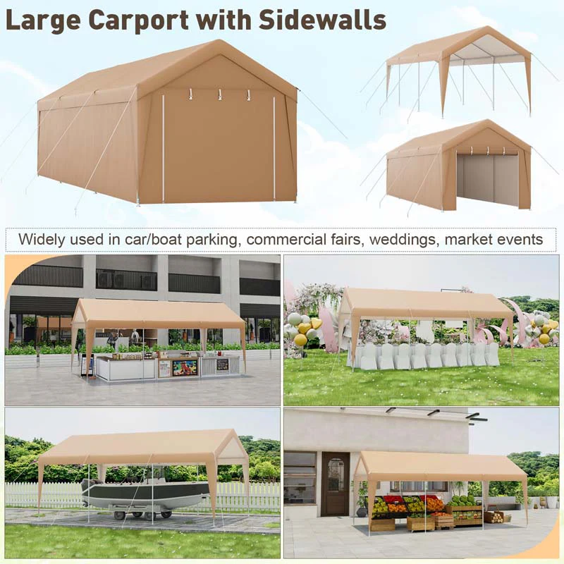 10 x 20 FT Heavy-Duty Carport Portable Garage Tent with Steel Frame & Sidewalls, Outdoor Car Canopy Shelter for Truck SUV Boat