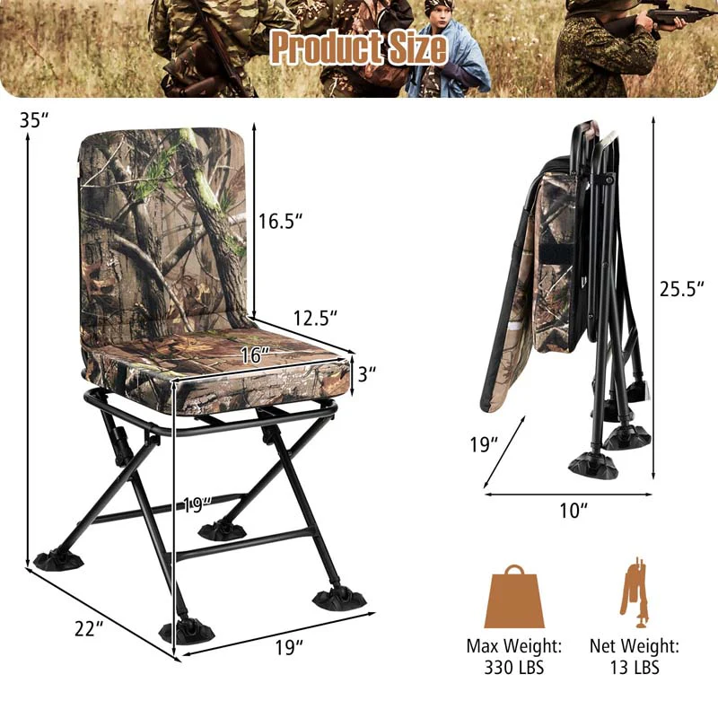 360�� Swivel Hunting Blind Chair with All-Terrain Duck Feet, 330LBS Capacity, Folding Silent Deer Hunting Chair, Portable Ground Blind Chair