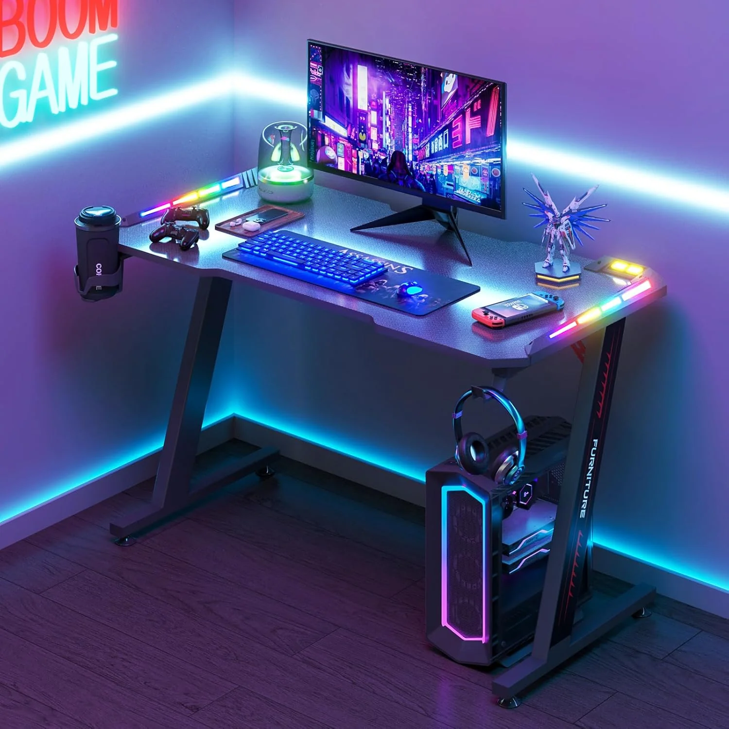 Gaming Desk Ergonomic Computer Desk LED Light