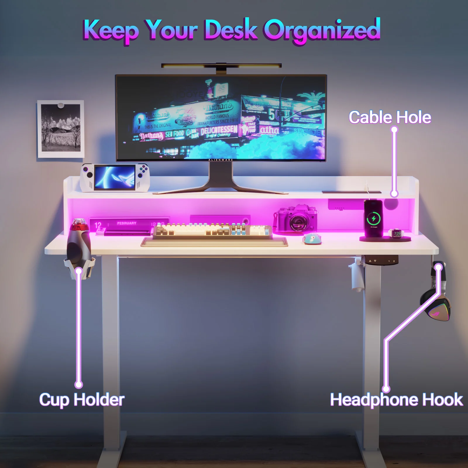 LED RGB Light Electric Standing Desk White