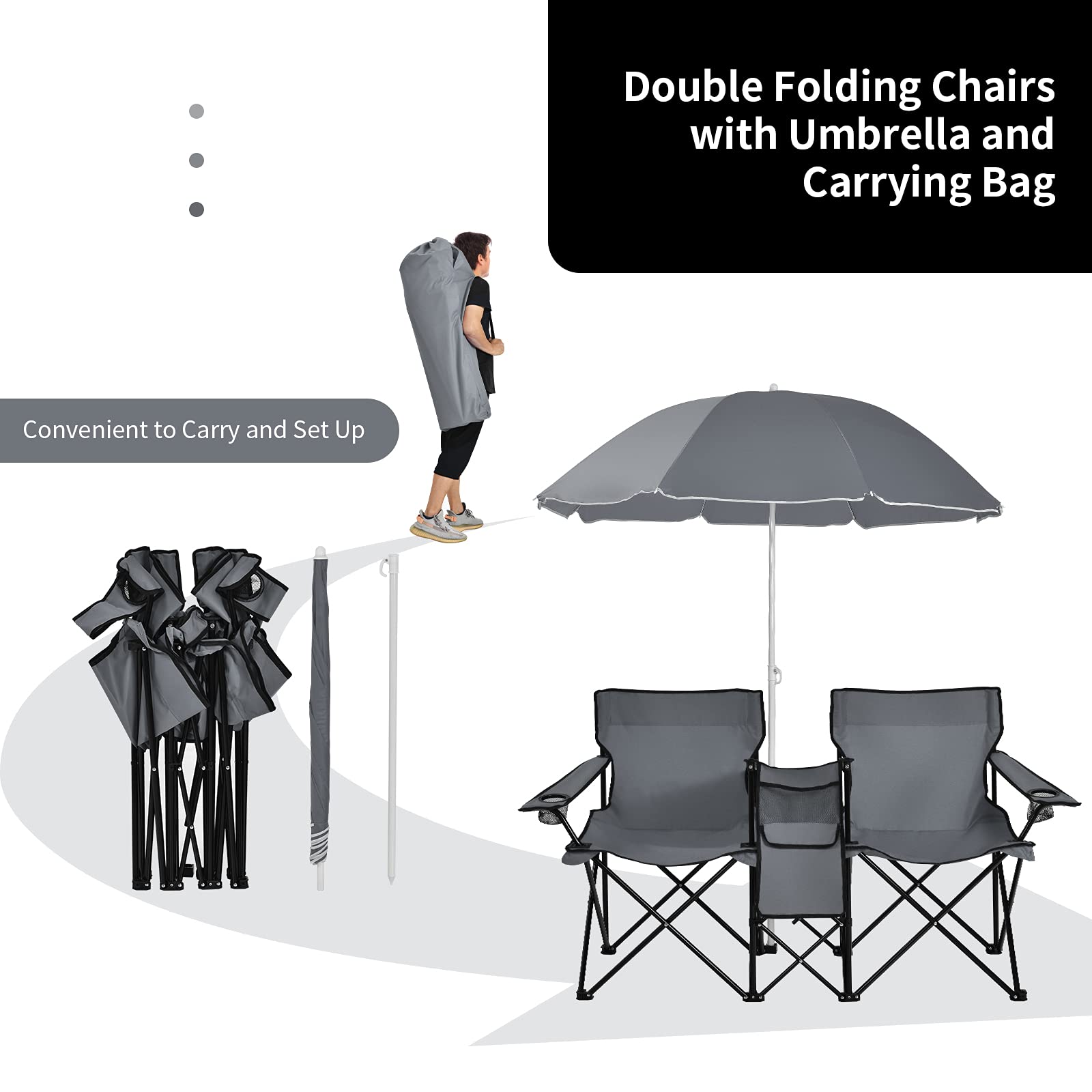 Double Folding Picnic Chairs Umbrella Mini Table Beverage Holder Carrying Bag